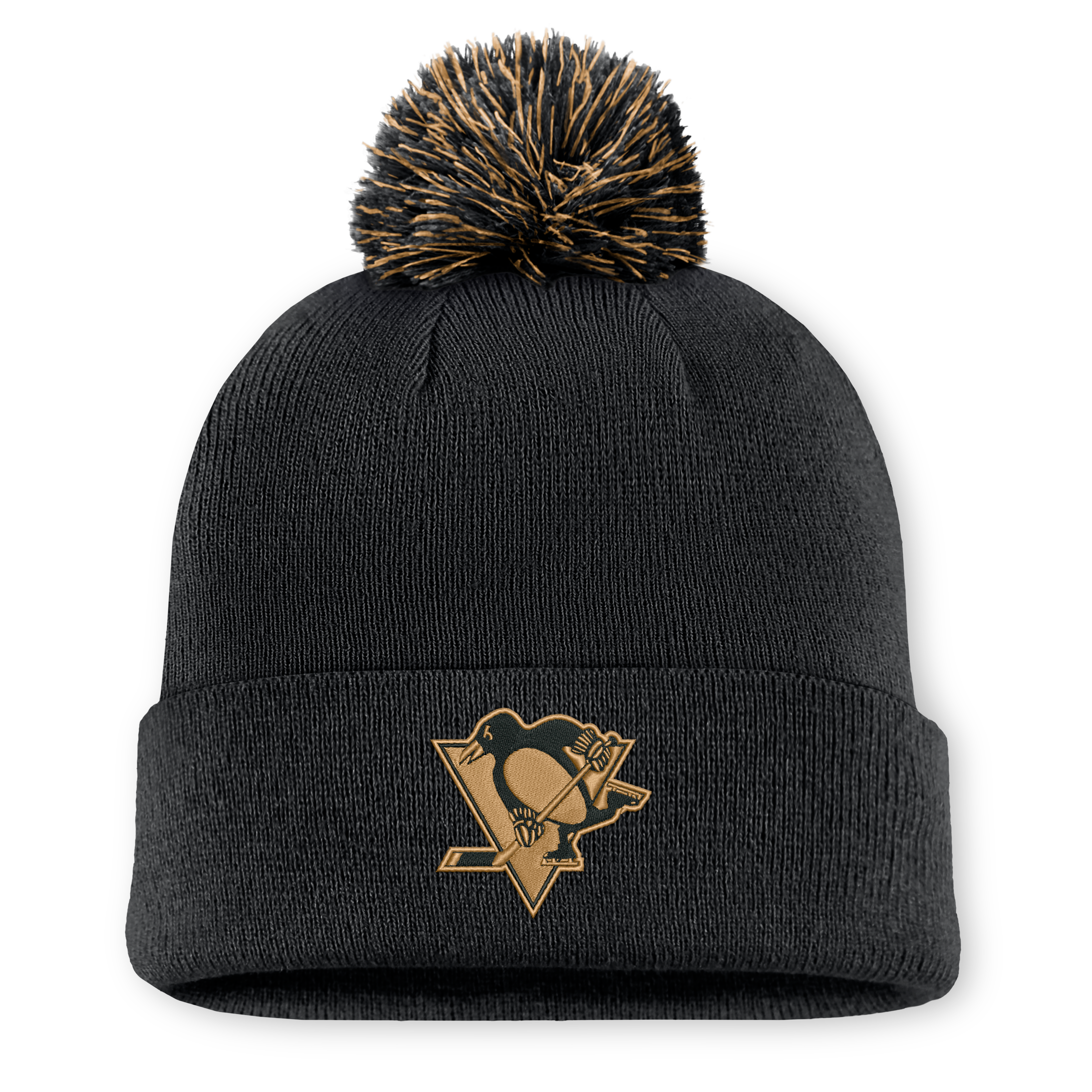 Bonnet tricoté authentique à revers avec pompon, noir, Pittsburgh Penguins, édition spéciale militaire, de la marque Fanatics.