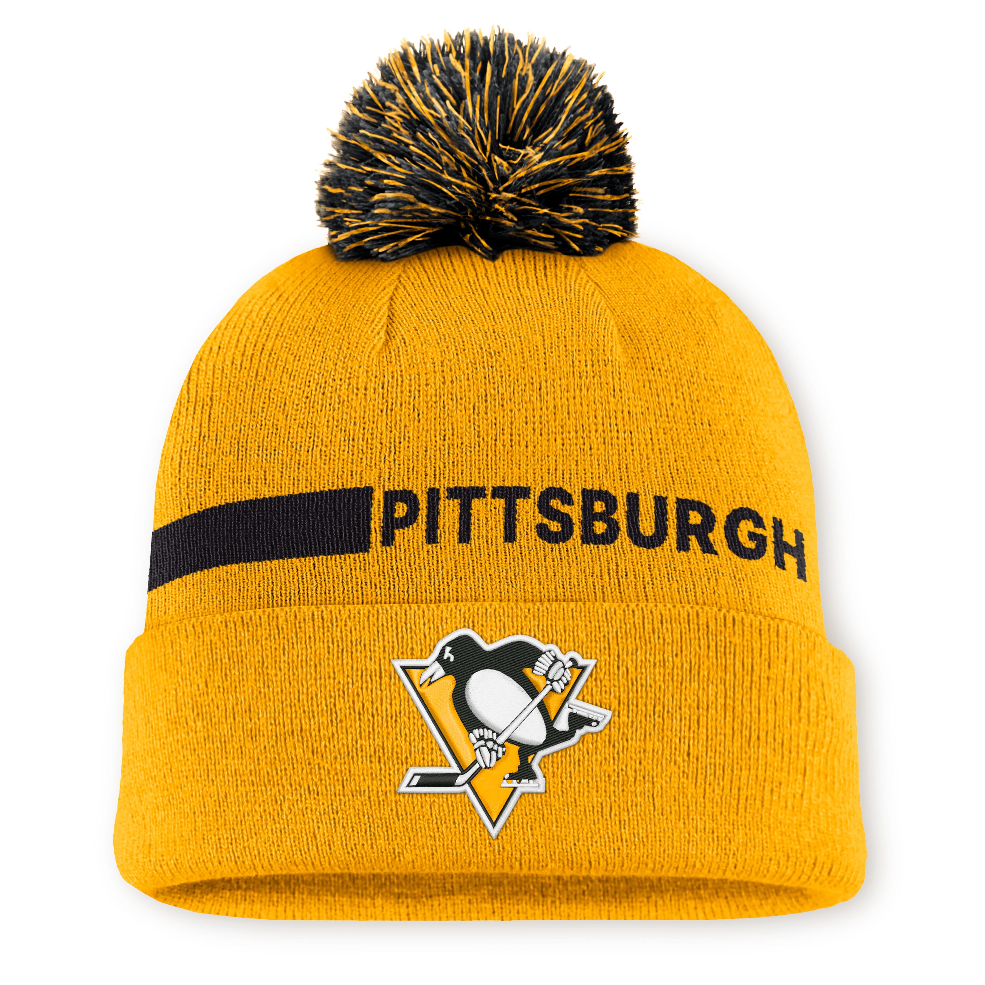 Bonnet tricoté à revers avec pompon, authentique Pittsburgh Penguins, couleur or Fanatics, pour homme