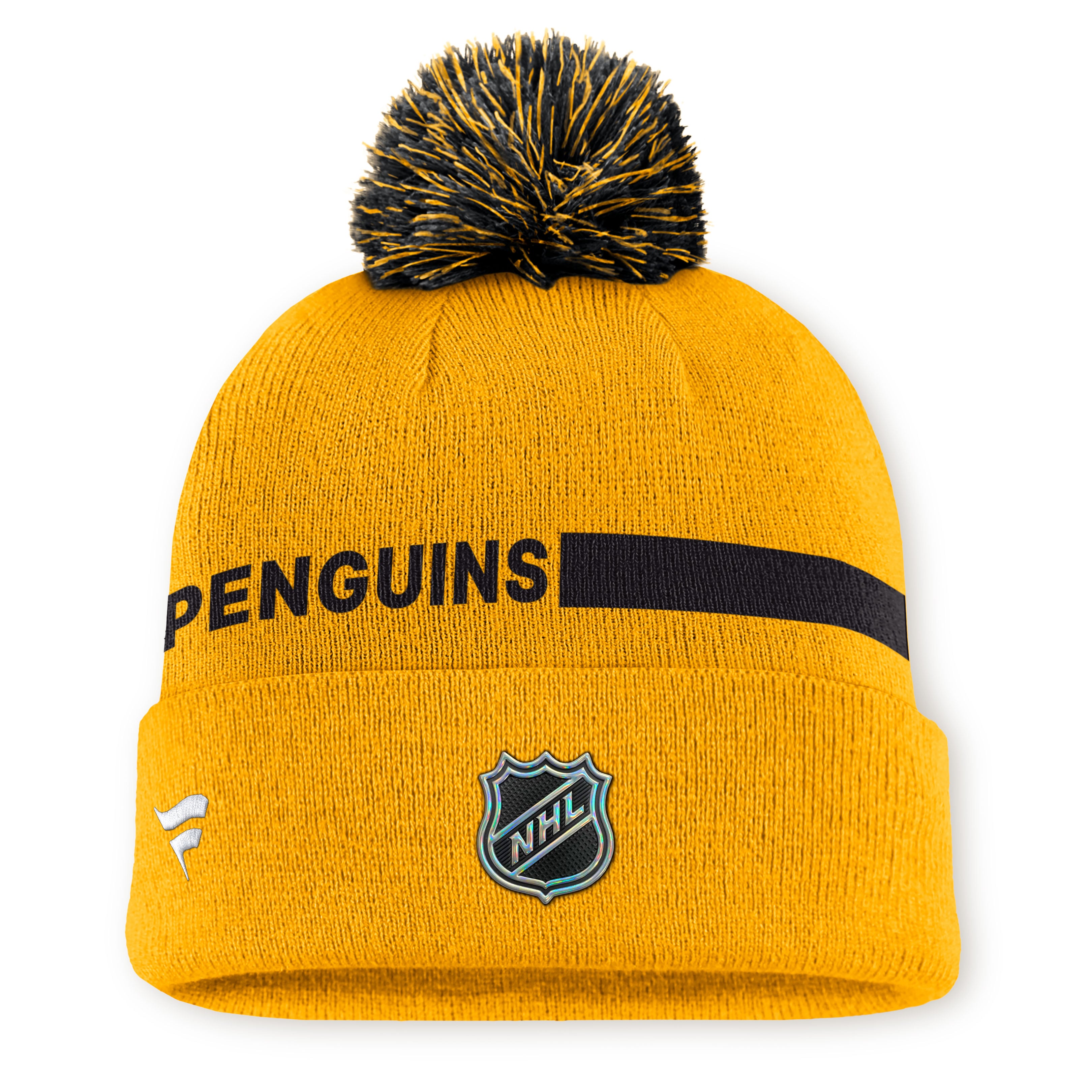 Bonnet tricoté à revers avec pompon, authentique Pittsburgh Penguins, couleur or Fanatics, pour homme