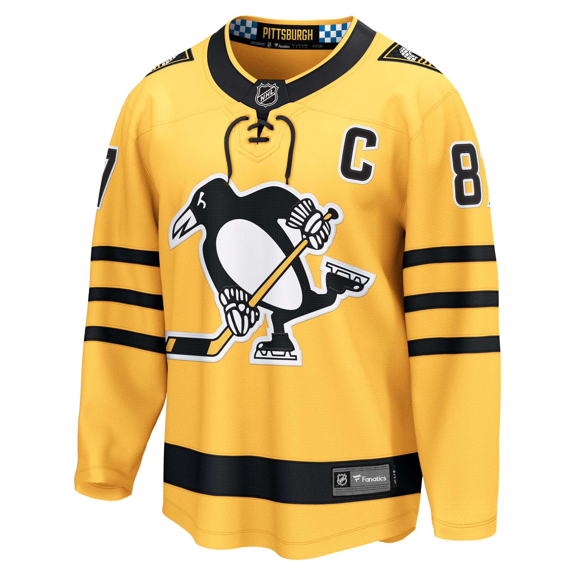 Maillot de joueur remplaçant des Penguins Pittsburgh, Sidney Crosby, doré, fanatiques pour hommes