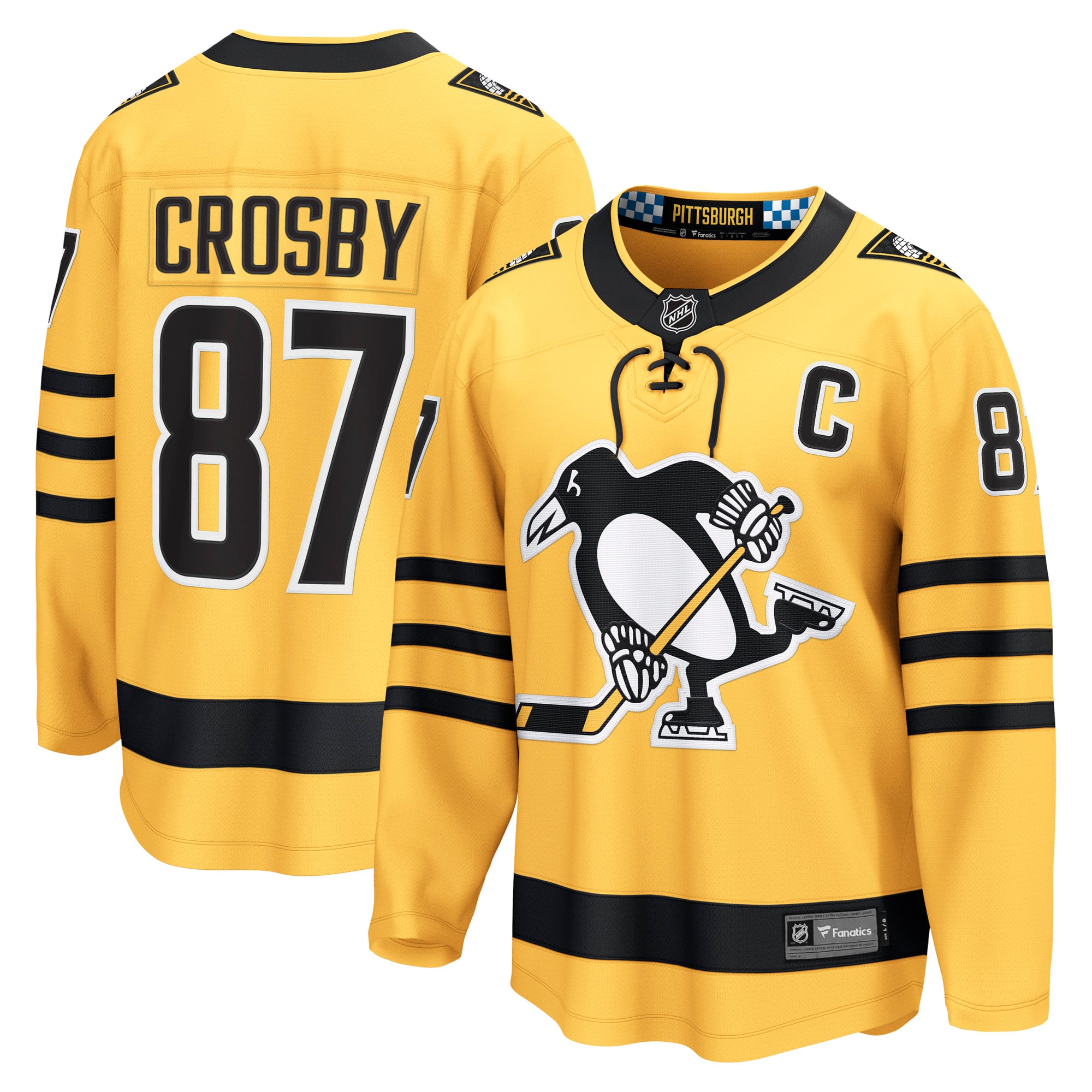 Maillot de joueur remplaçant des Penguins Pittsburgh, Sidney Crosby, doré, fanatiques pour hommes