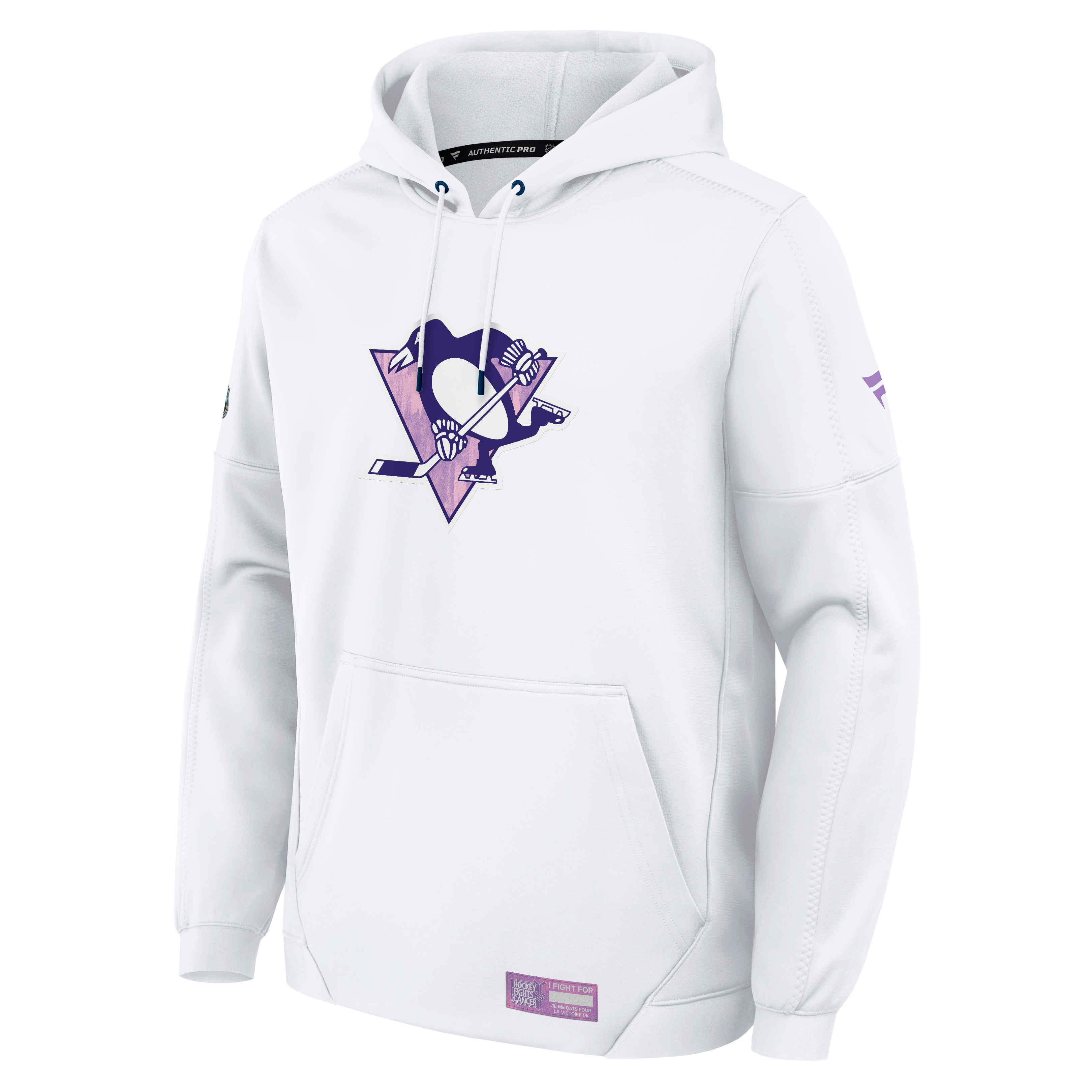 Sweat à capuche polaire authentique Fanatics blanc Pittsburgh Penguins pour homme, collection hockey professionnel « Lutte contre le cancer ».