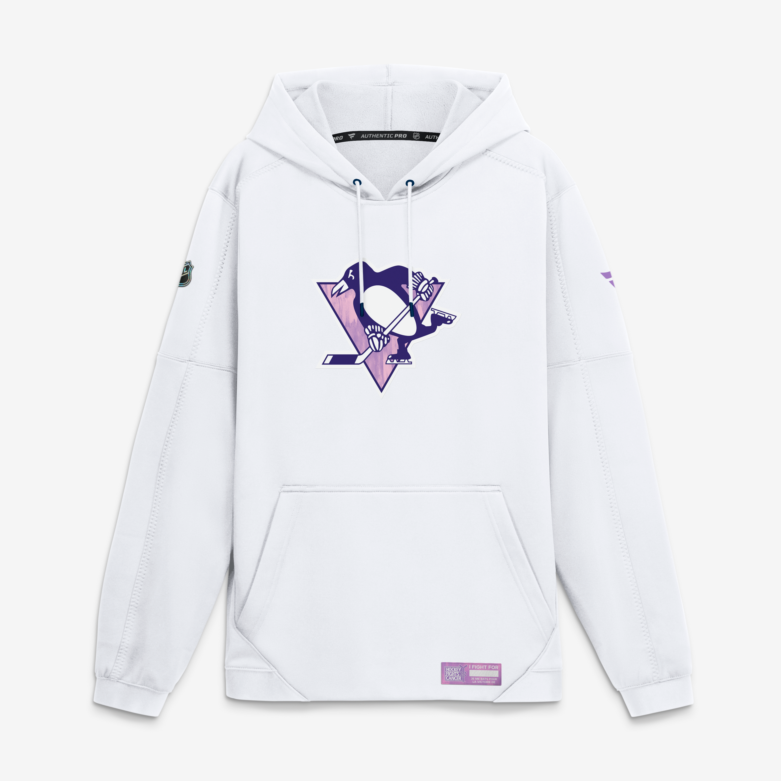 Sweat à capuche polaire authentique Fanatics blanc Pittsburgh Penguins pour homme, collection hockey professionnel « Lutte contre le cancer ».