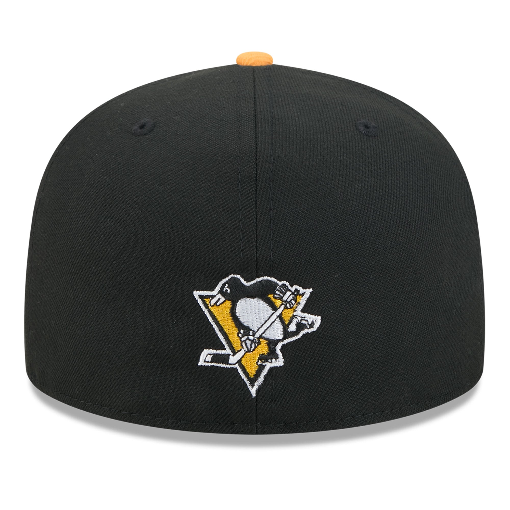 Casquette ajustée New Era 59FIFTY pour homme, noire et or, logo Pittsburgh Penguins, surpiqûres apparentes.
