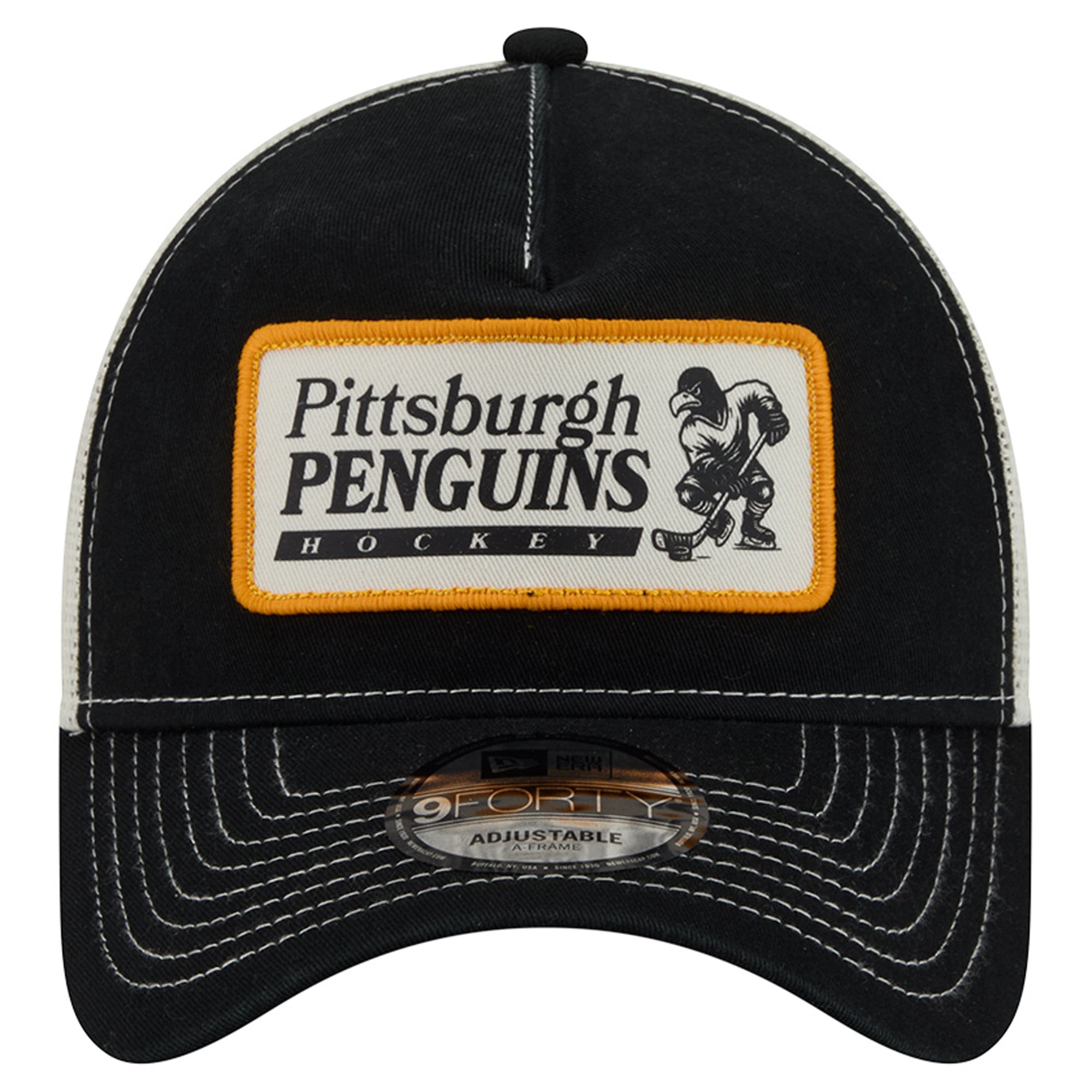 Men's New Era Black/White Pittsburgh Penguins Skater Patch A-Frame 9FORTY Adjustable Trucker Hat