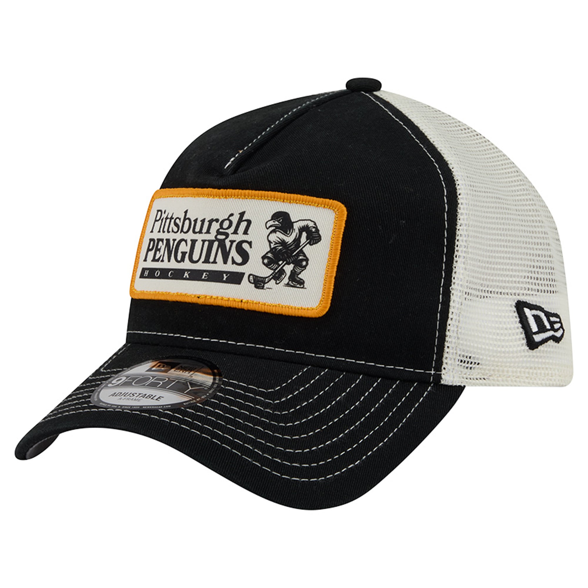 Men's New Era Black/White Pittsburgh Penguins Skater Patch A-Frame 9FORTY Adjustable Trucker Hat
