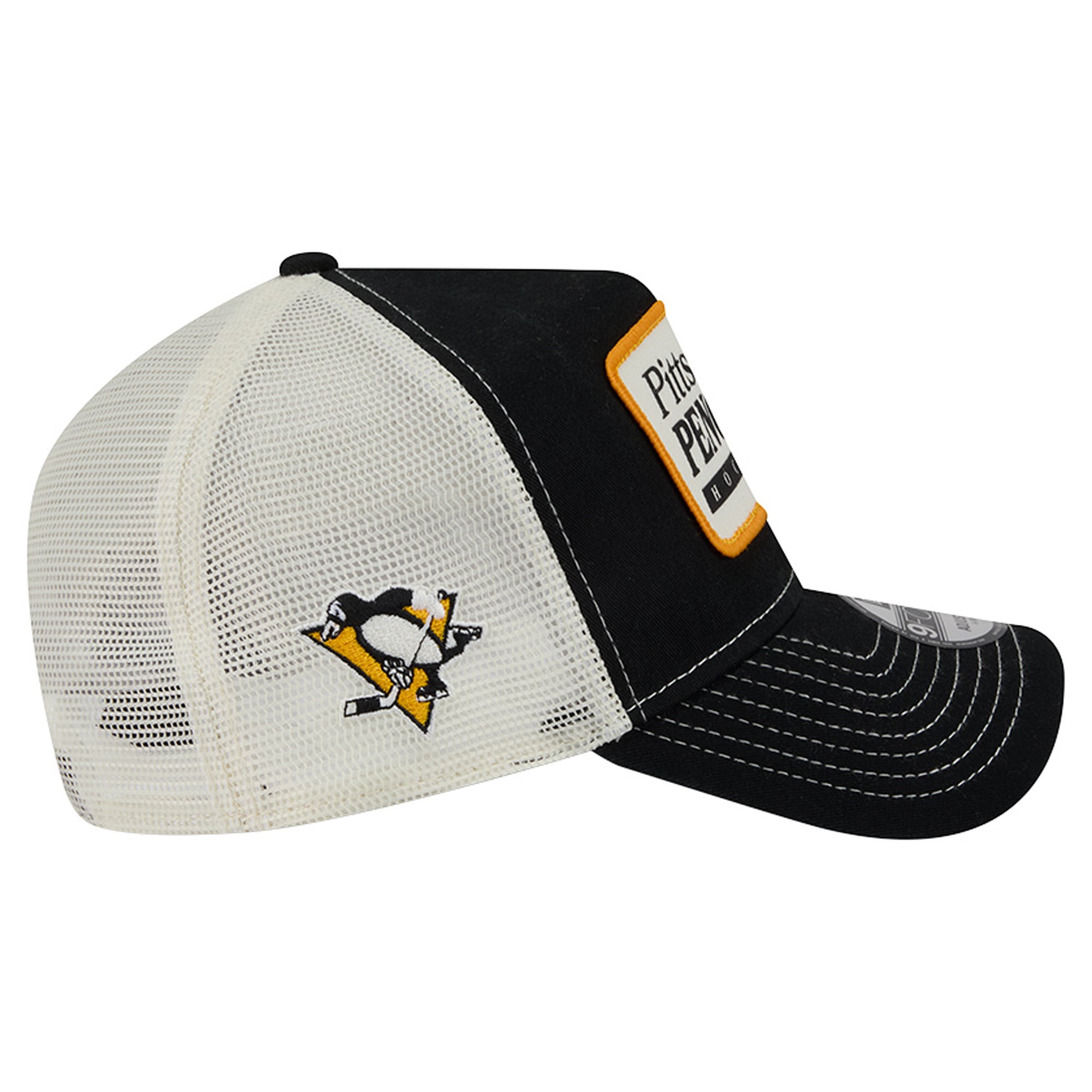 Men's New Era Black/White Pittsburgh Penguins Skater Patch A-Frame 9FORTY Adjustable Trucker Hat