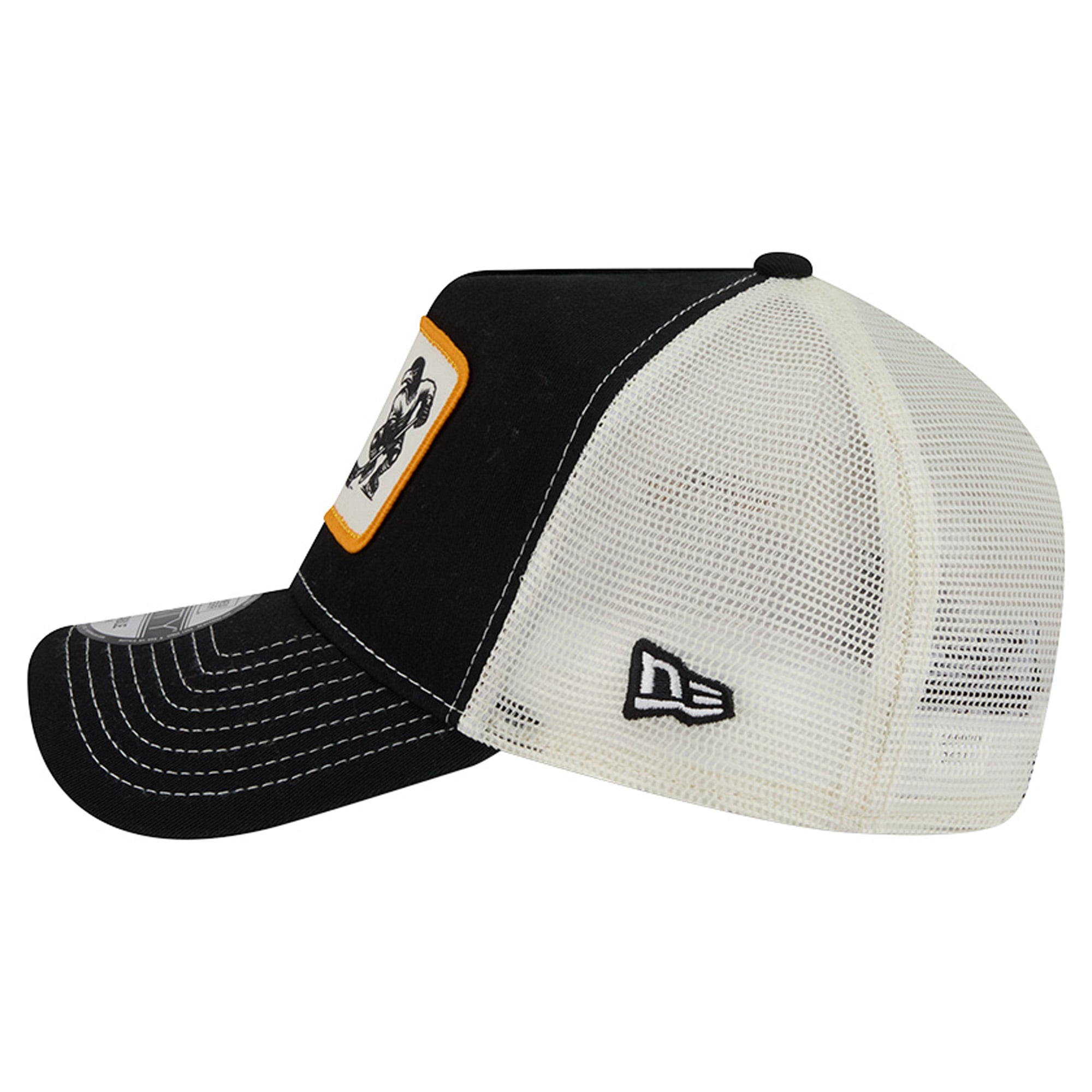 Men's New Era Black/White Pittsburgh Penguins Skater Patch A-Frame 9FORTY Adjustable Trucker Hat