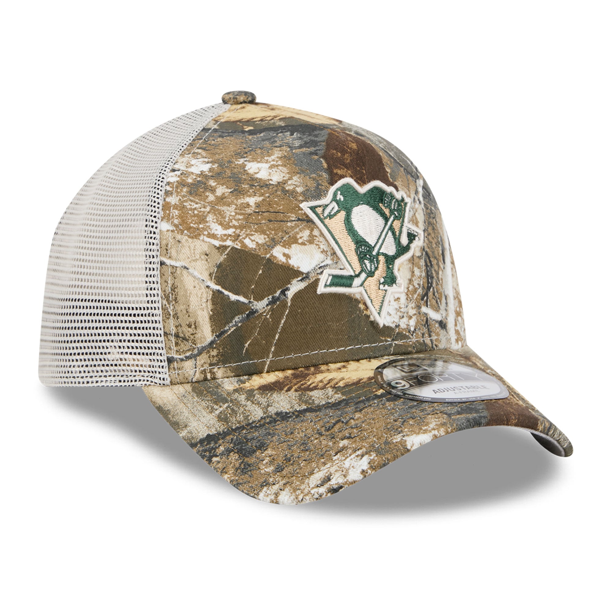 Casquette trucker ajustable New Era 9FORTY camouflage Pittsburgh Penguins Real Tree A-Frame pour homme
