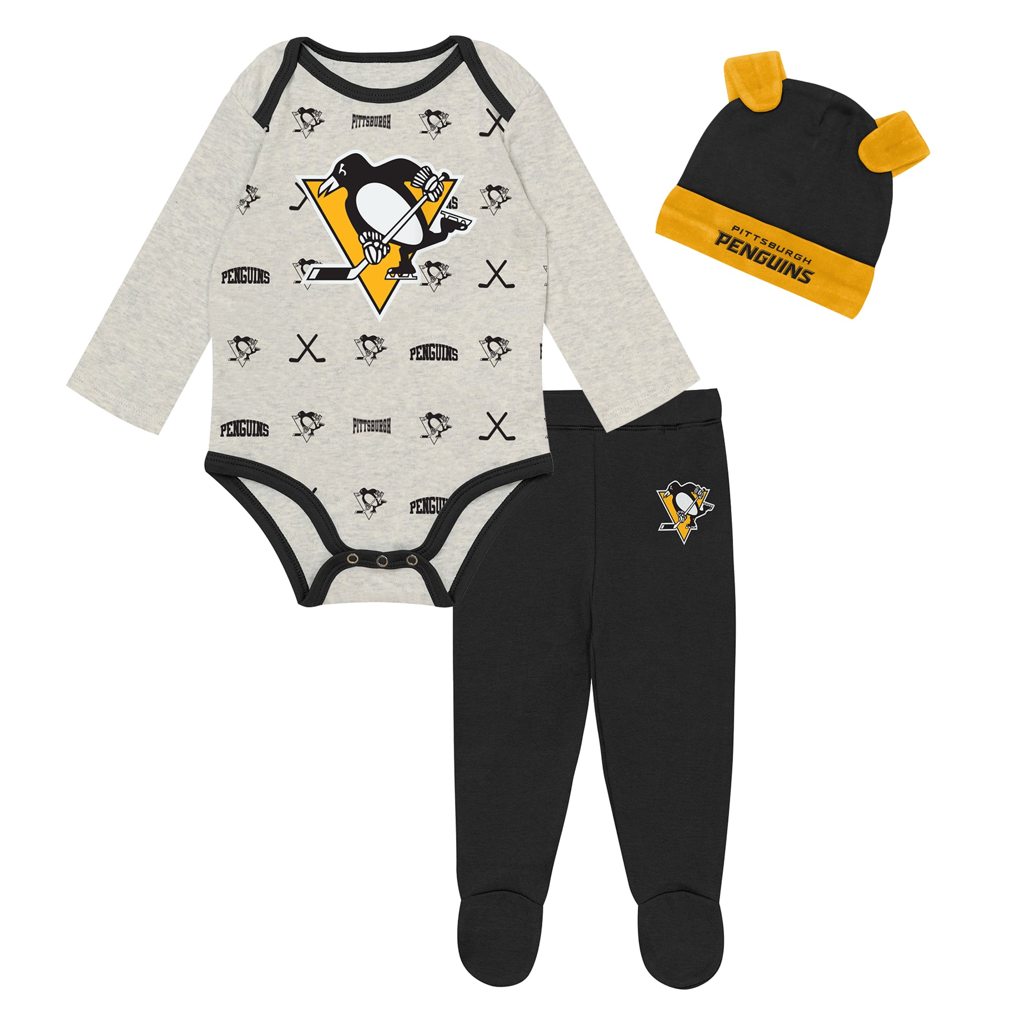 Newborn Outerstuff  Heathered Bone Pittsburgh Penguins Huddles and Giggles Three-Piece Set
