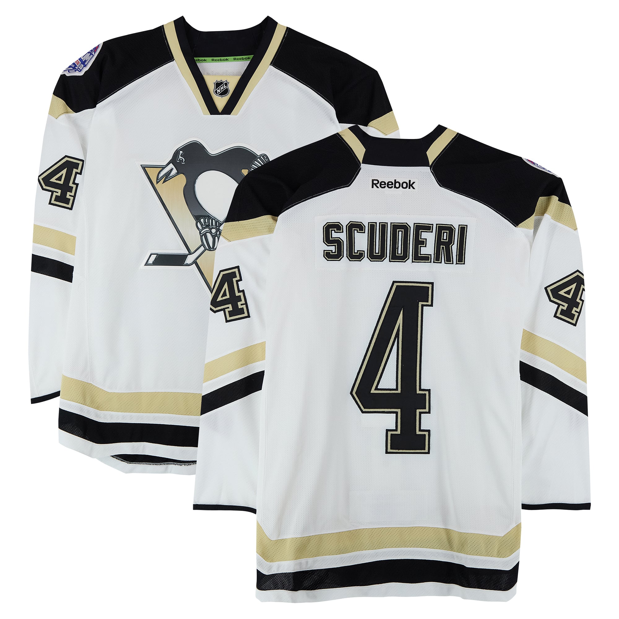 Maillot blanc n° 4 des Penguins de Pittsburgh porté par Rob Scuderi lors de l'entraînement contre les Blackhawks de Chicago le 1er mars 2014 - Porté pendant l'échauffement