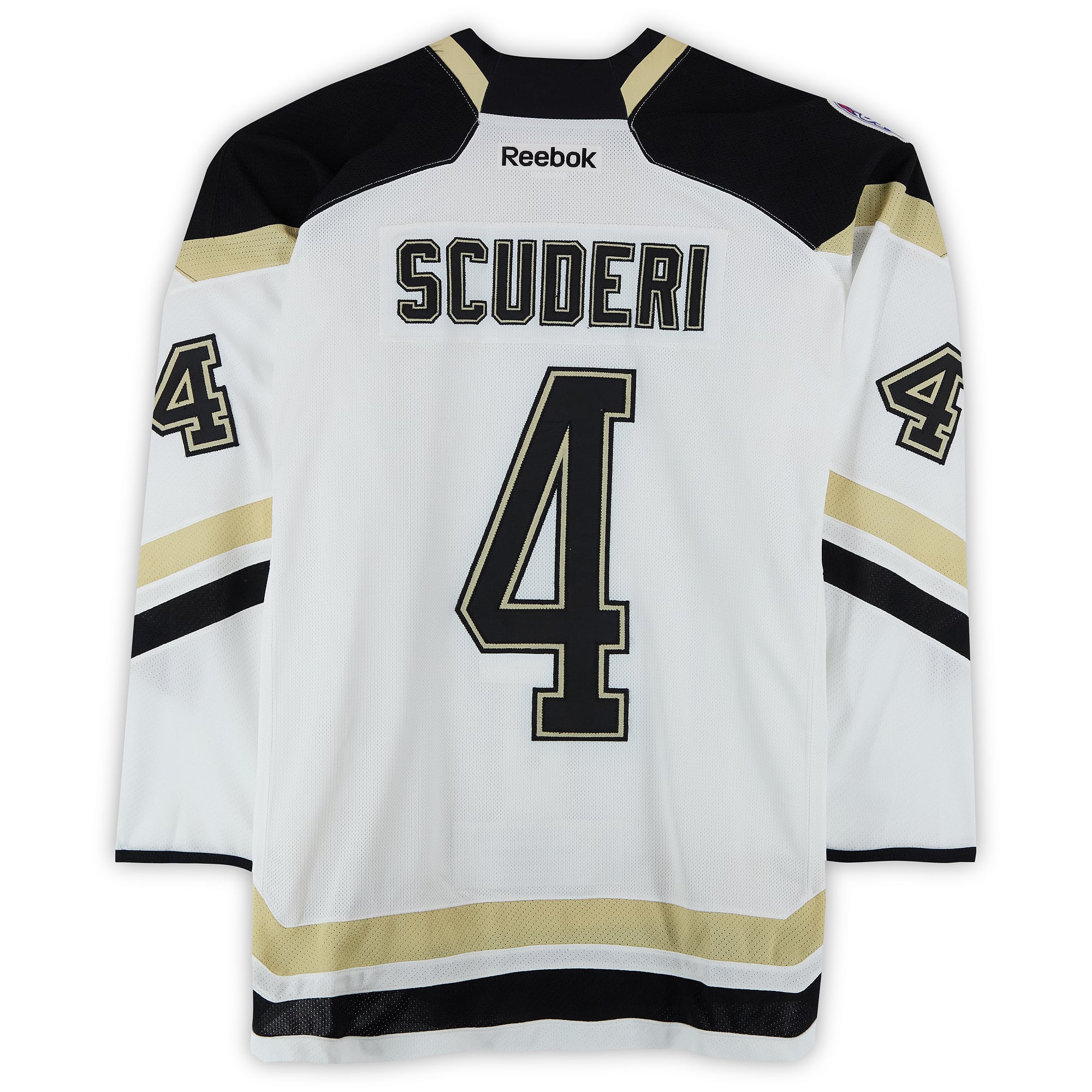 Maillot blanc n° 4 des Penguins de Pittsburgh porté par Rob Scuderi lors de l'entraînement contre les Blackhawks de Chicago le 1er mars 2014 - Porté pendant l'échauffement