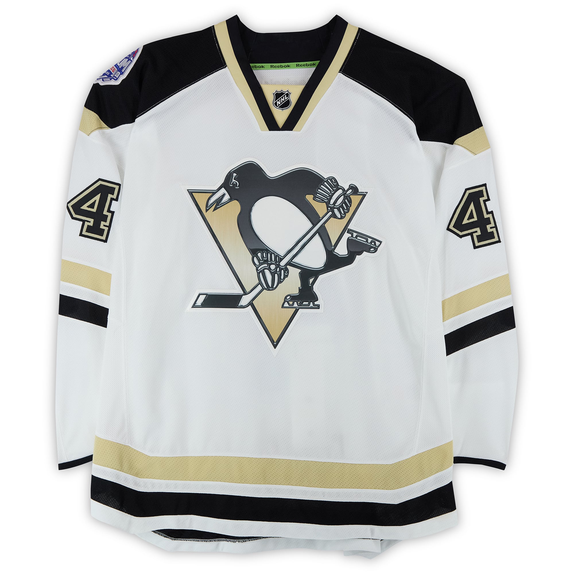 Maillot blanc n° 4 des Penguins de Pittsburgh porté par Rob Scuderi lors de l'entraînement contre les Blackhawks de Chicago le 1er mars 2014 - Porté pendant l'échauffement