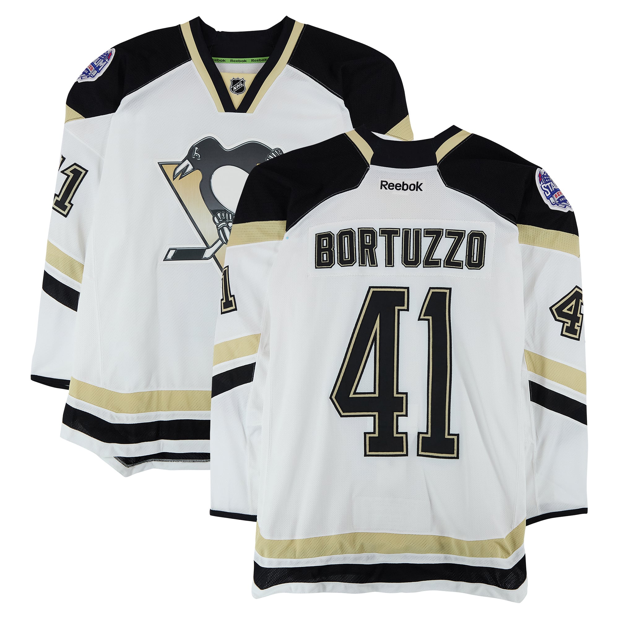 Robert Bortuzzo Pittsburgh Penguins Practice-Used #41 White Jersey vs. Chicago Blackhawks on March 1, 2014 - Worn During Warm-Ups