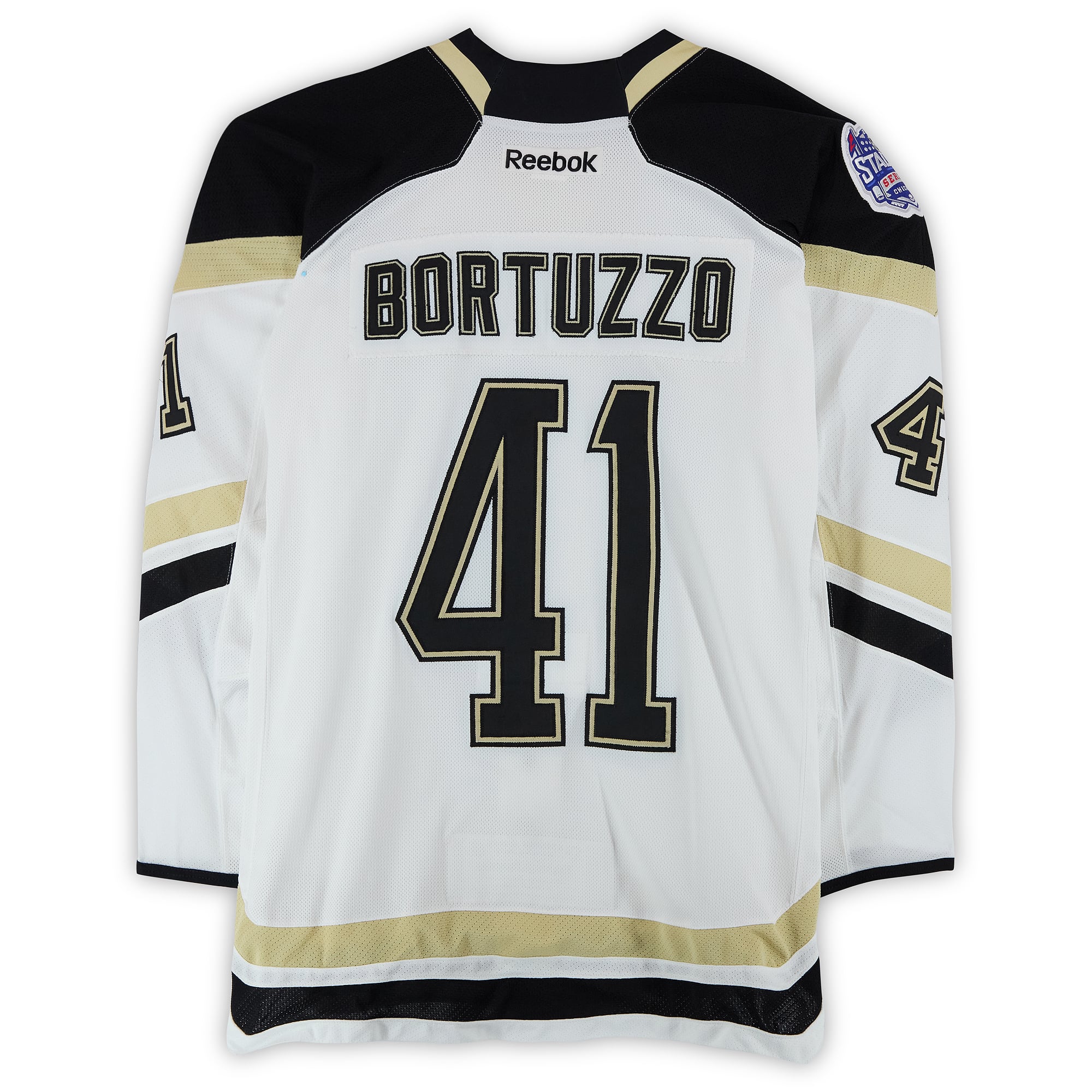 Robert Bortuzzo Pittsburgh Penguins Practice-Used #41 White Jersey vs. Chicago Blackhawks on March 1, 2014 - Worn During Warm-Ups