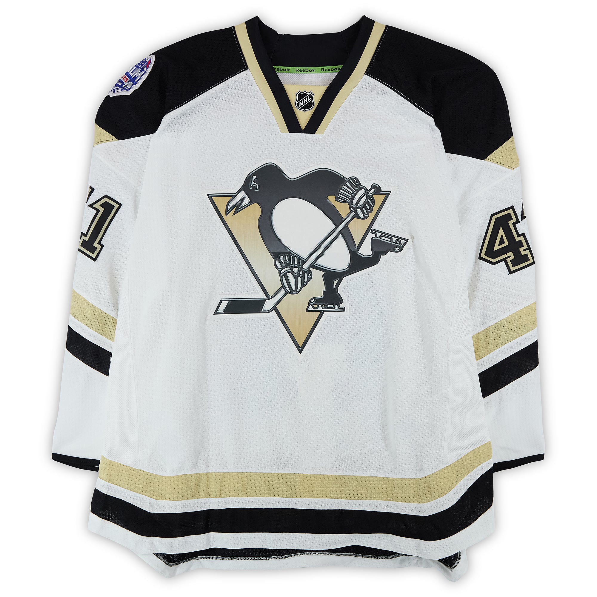 Robert Bortuzzo Pittsburgh Penguins Practice-Used #41 White Jersey vs. Chicago Blackhawks on March 1, 2014 - Worn During Warm-Ups