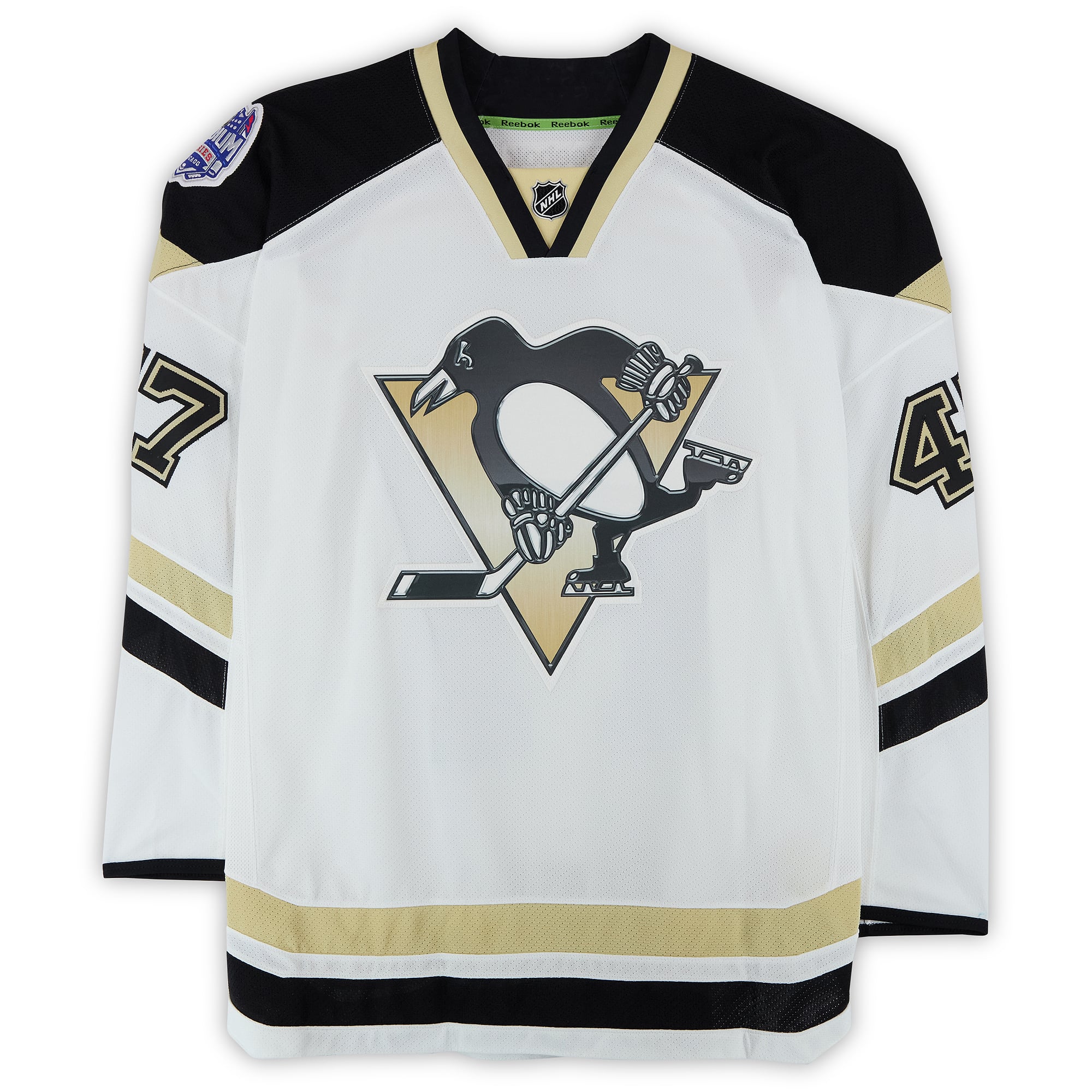 Simon Despres Pittsburgh Penguins Practice-Used #47 White Jersey vs. Chicago Blackhawks on March 1, 2014 - Worn During Warm-Ups
