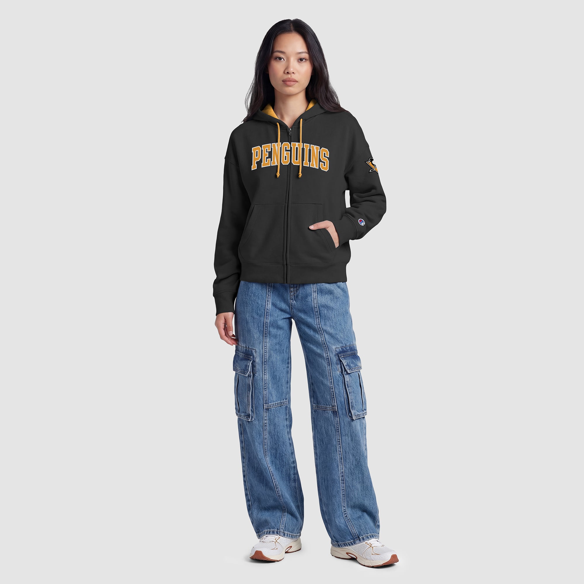 Women's Champion Black/Gold Pittsburgh Penguins Applique Full-Zip Fleece Hoodie