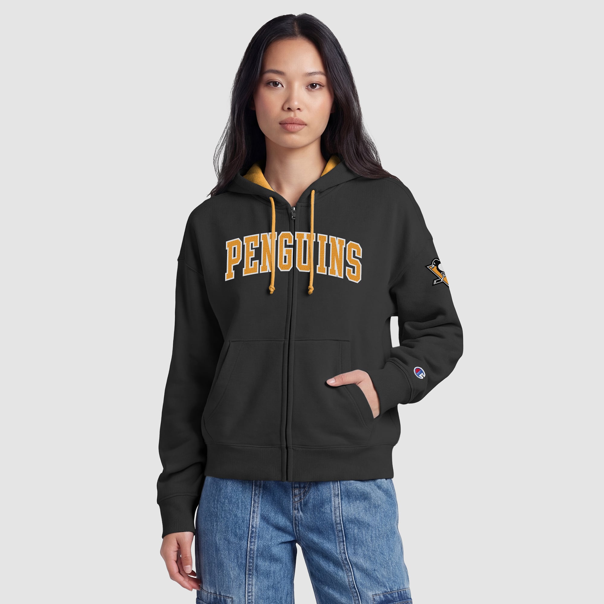 Sweat à capuche zippé en polaire Champion noir et or Pittsburgh Penguins pour femme