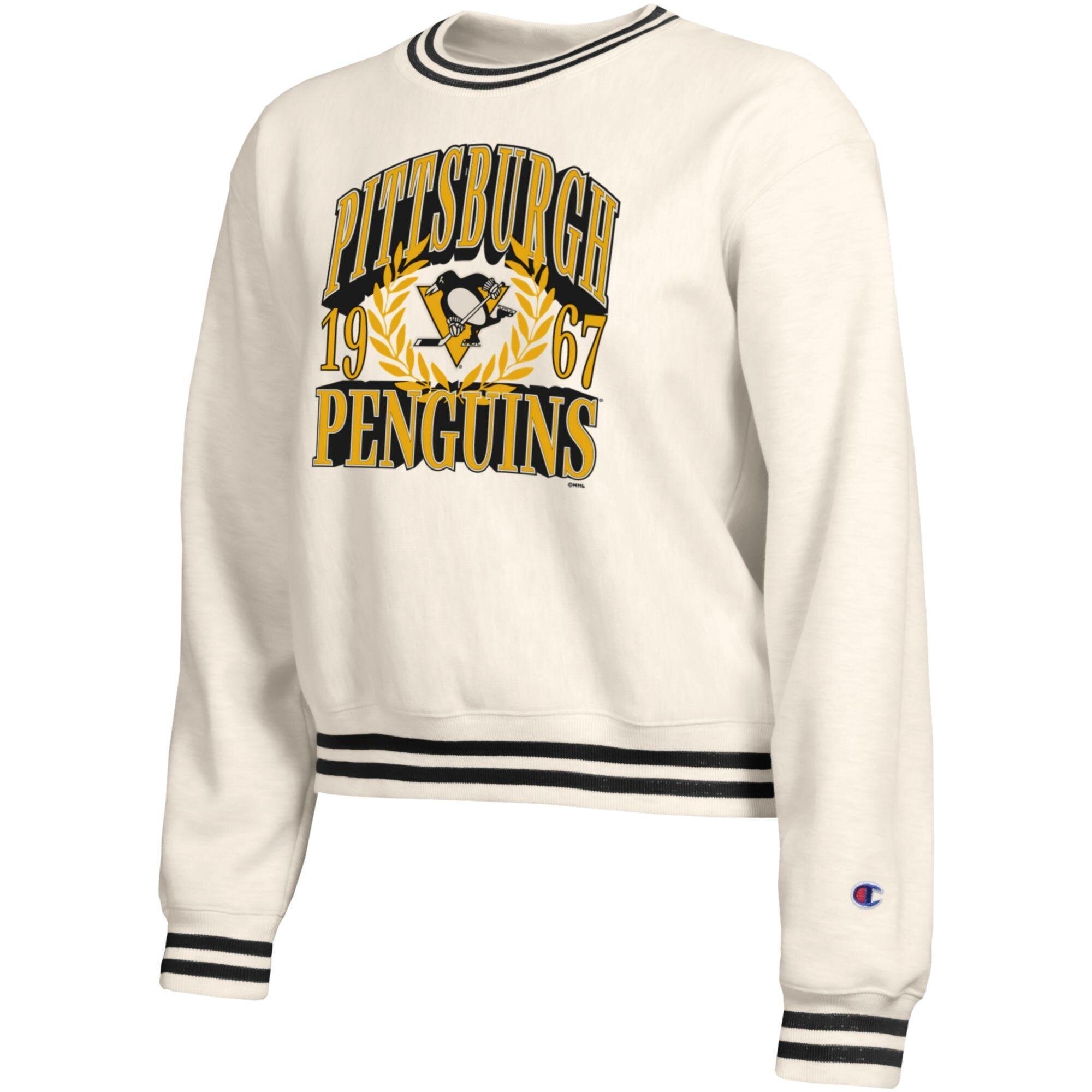 Sweat-shirt Champion crème pour femme, motif lauriers audacieux des Penguins de Pittsburgh, en fil tissé inversé.