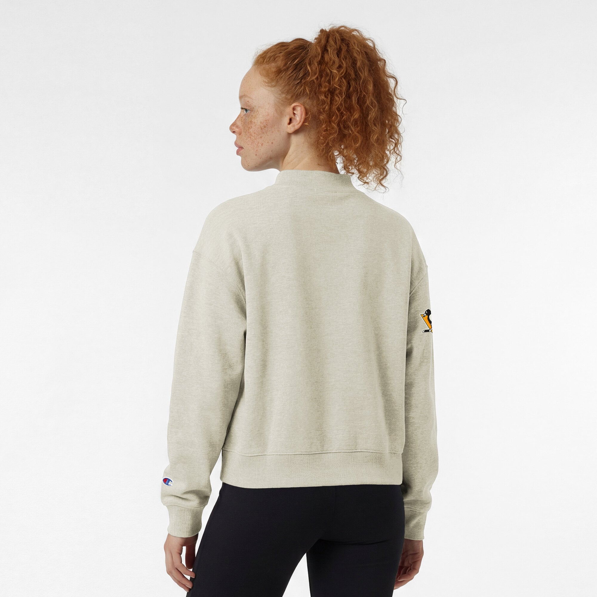 Women's Champion  Oatmeal Pittsburgh Penguins Collar Script Triumph Tri-Blend Fleece Sweatshirt