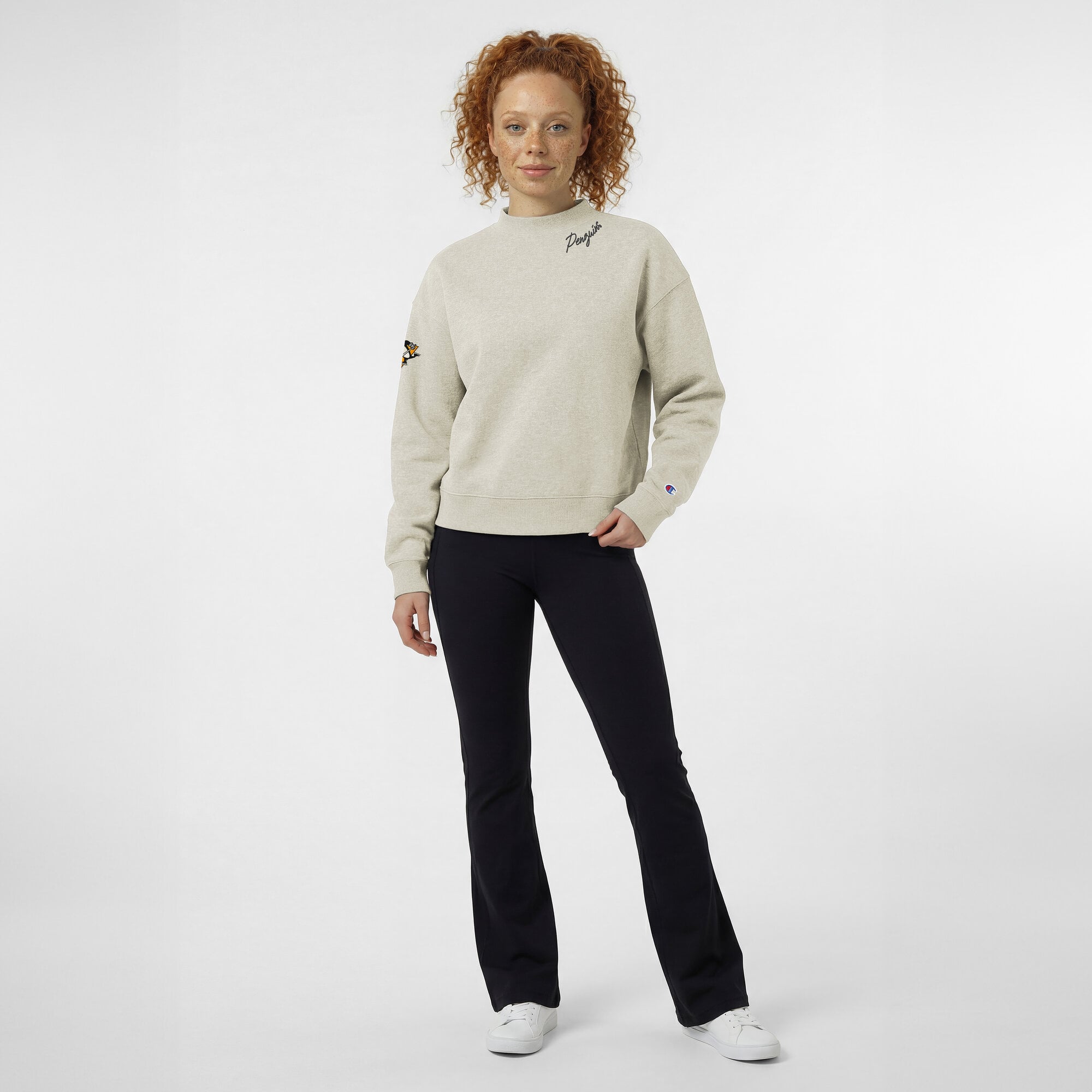Women's Champion  Oatmeal Pittsburgh Penguins Collar Script Triumph Tri-Blend Fleece Sweatshirt