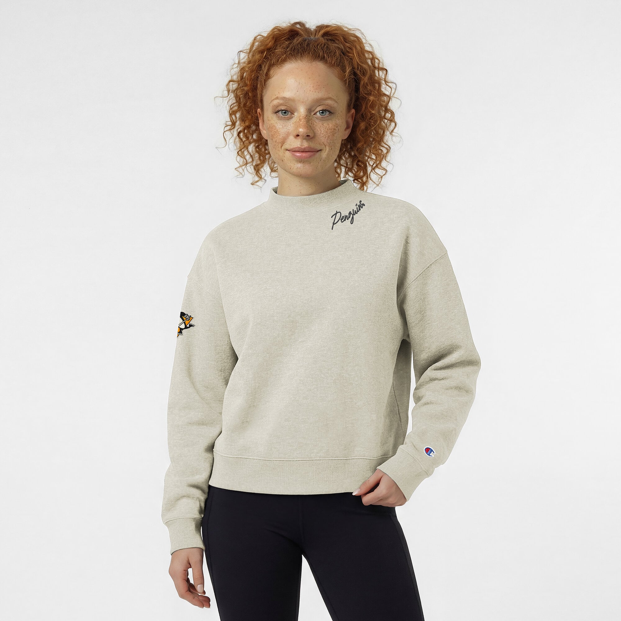 Women's Champion  Oatmeal Pittsburgh Penguins Collar Script Triumph Tri-Blend Fleece Sweatshirt