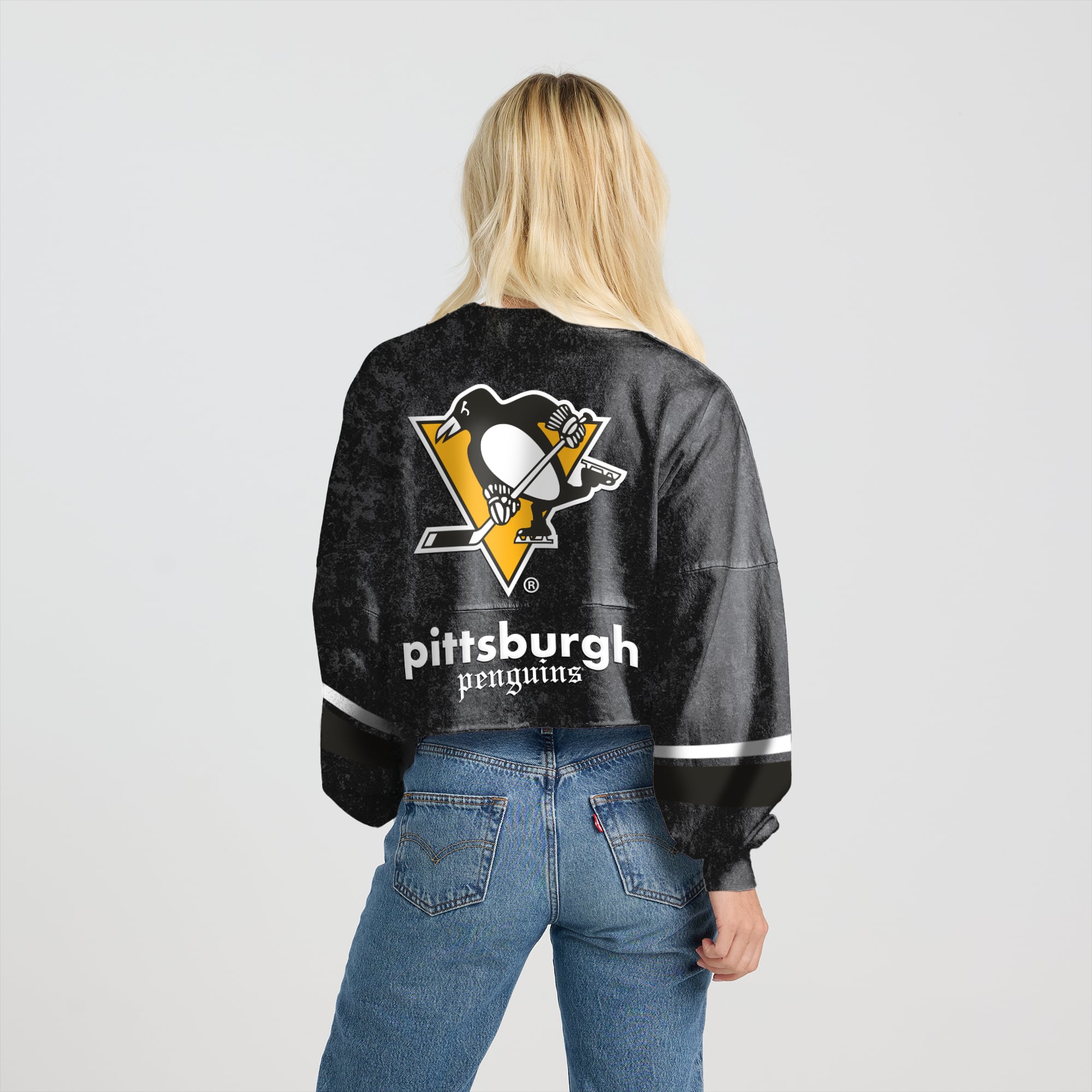 Women's Fanatics Black Pittsburgh Penguins Mineral Wash Oversized Long Sleeve Jersey T-Shirt