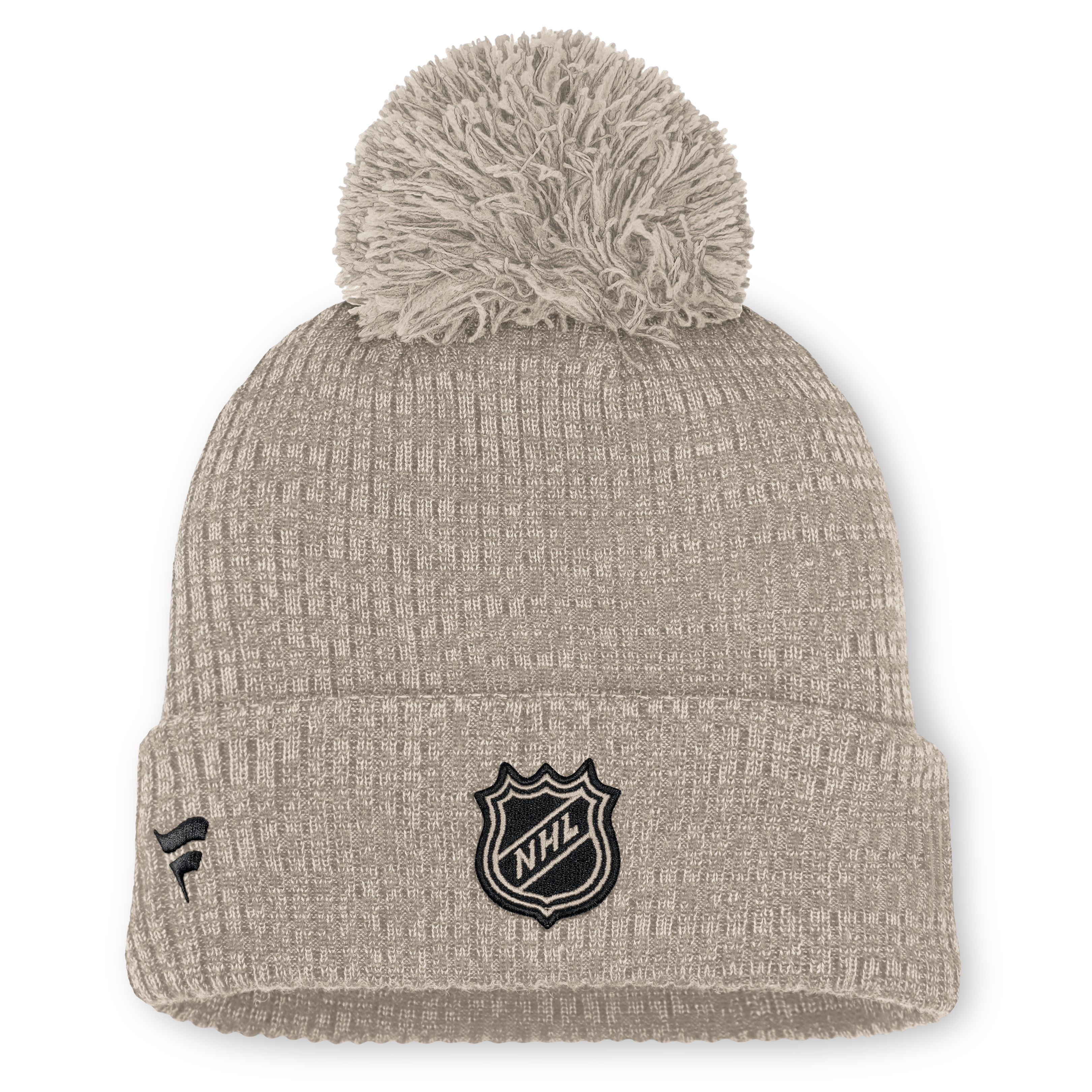 Bonnet tricoté à revers beige clair pour femme, modèle authentique Pittsburgh Penguins Pro Road, avec pompon, de la marque Fanatics.