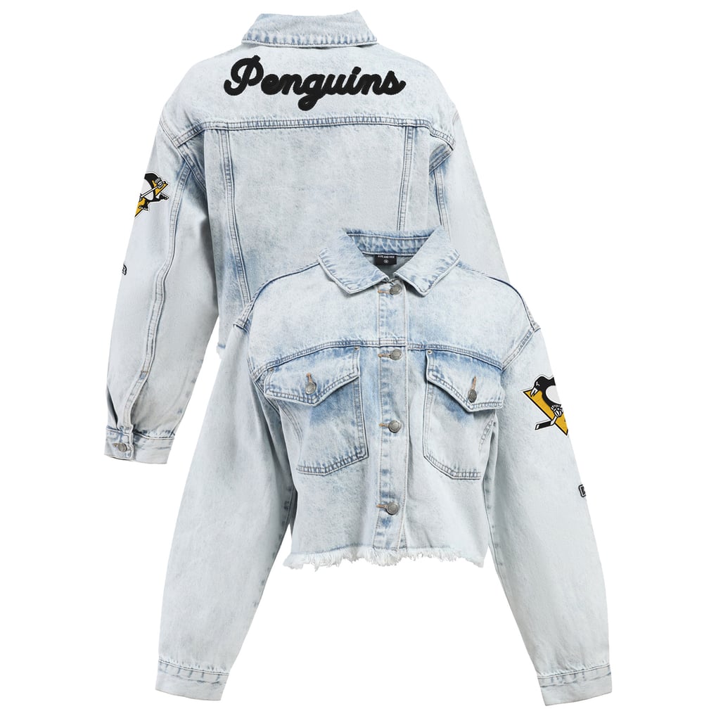 Women's Pittsburgh Penguins Hype and Vice Denim Chenille Raw Edge Cropped Full-Button Jean Jacket