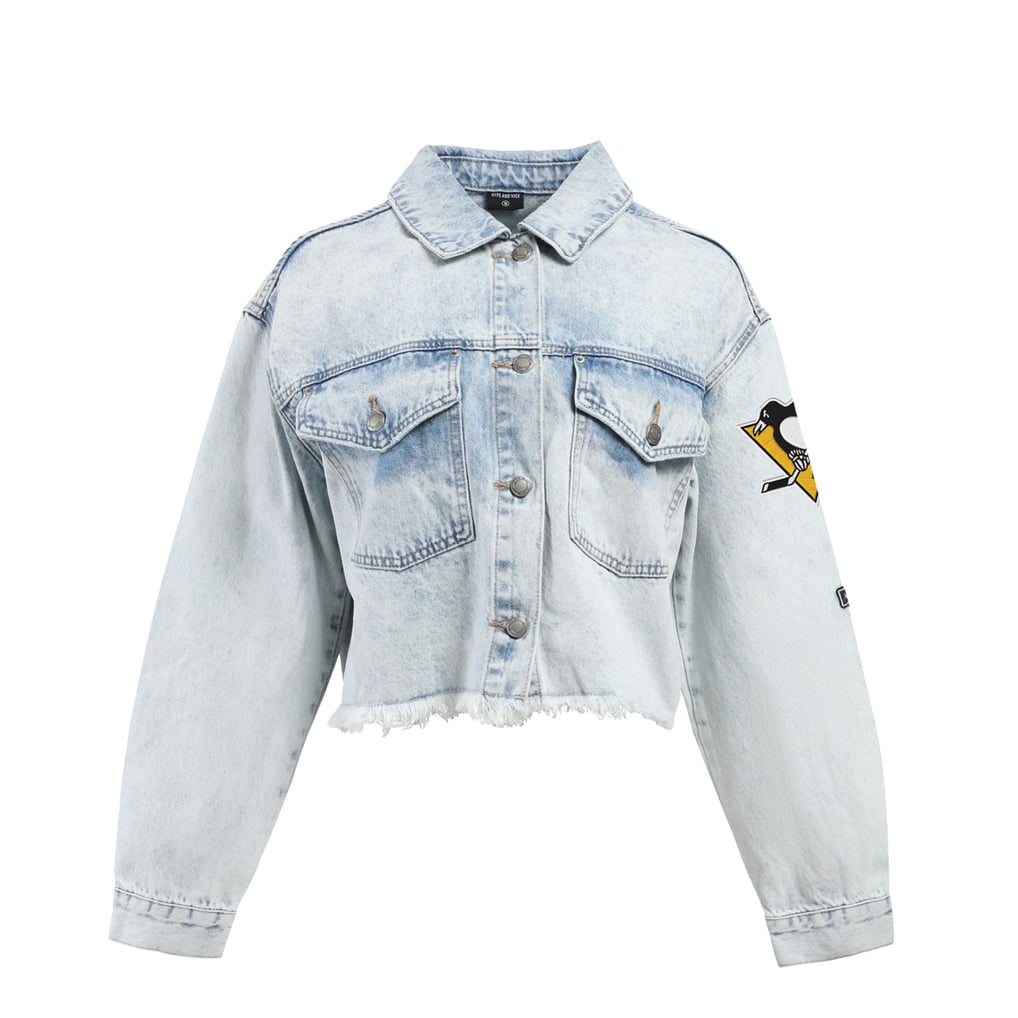 Women's Pittsburgh Penguins Hype and Vice Denim Chenille Raw Edge Cropped Full-Button Jean Jacket