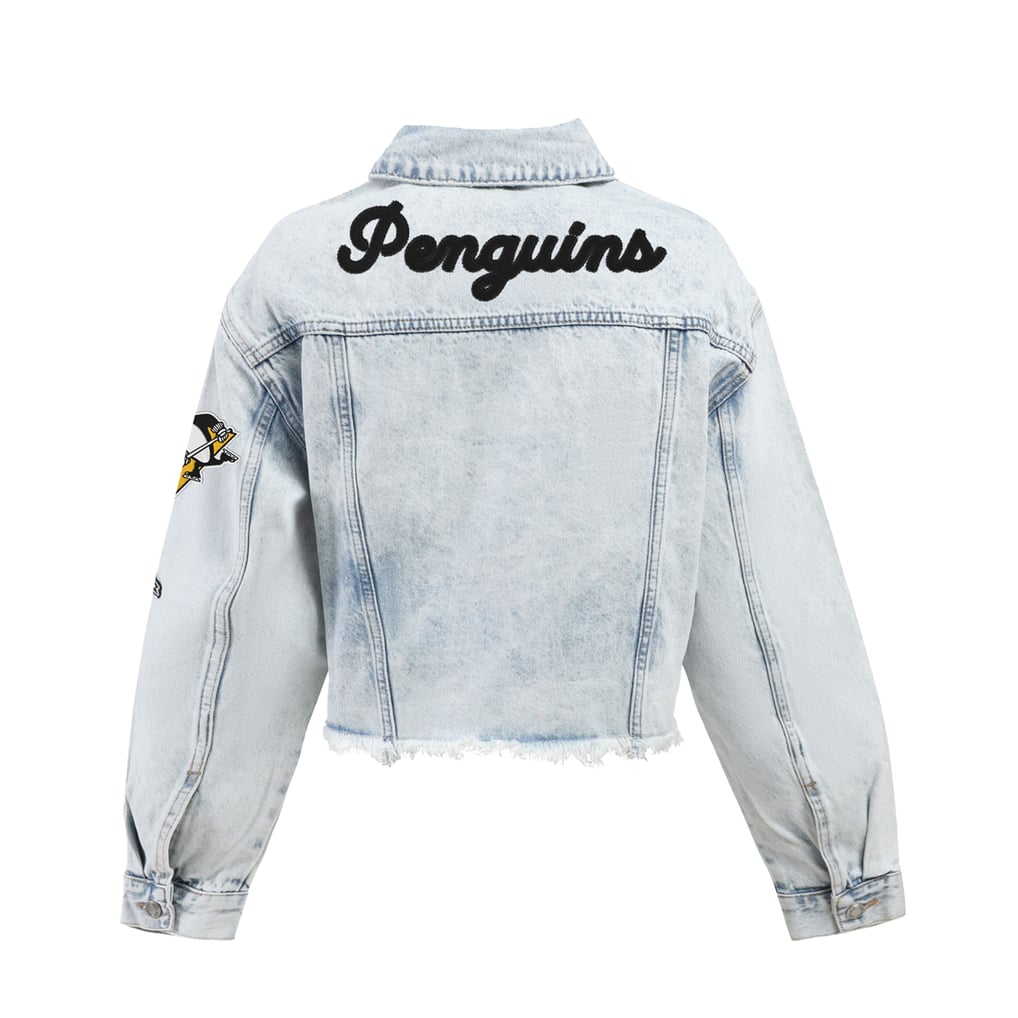 Women's Pittsburgh Penguins Hype and Vice Denim Chenille Raw Edge Cropped Full-Button Jean Jacket