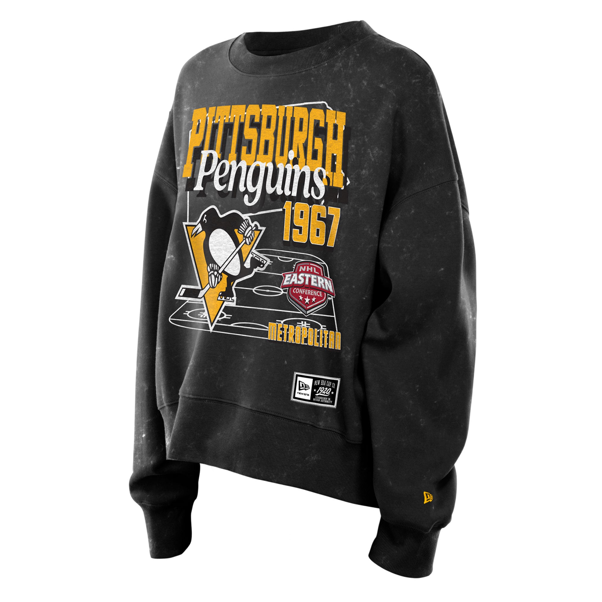 Sweat-shirt à col rond New Era noir Pittsburgh Penguins Throwback en molleton délavé l'huile minérale pour femme