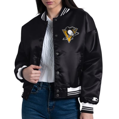  Pittsburgh Penguins Starter Women's Arch Stripe Satin Full-Snap Varsity Jacket - Black