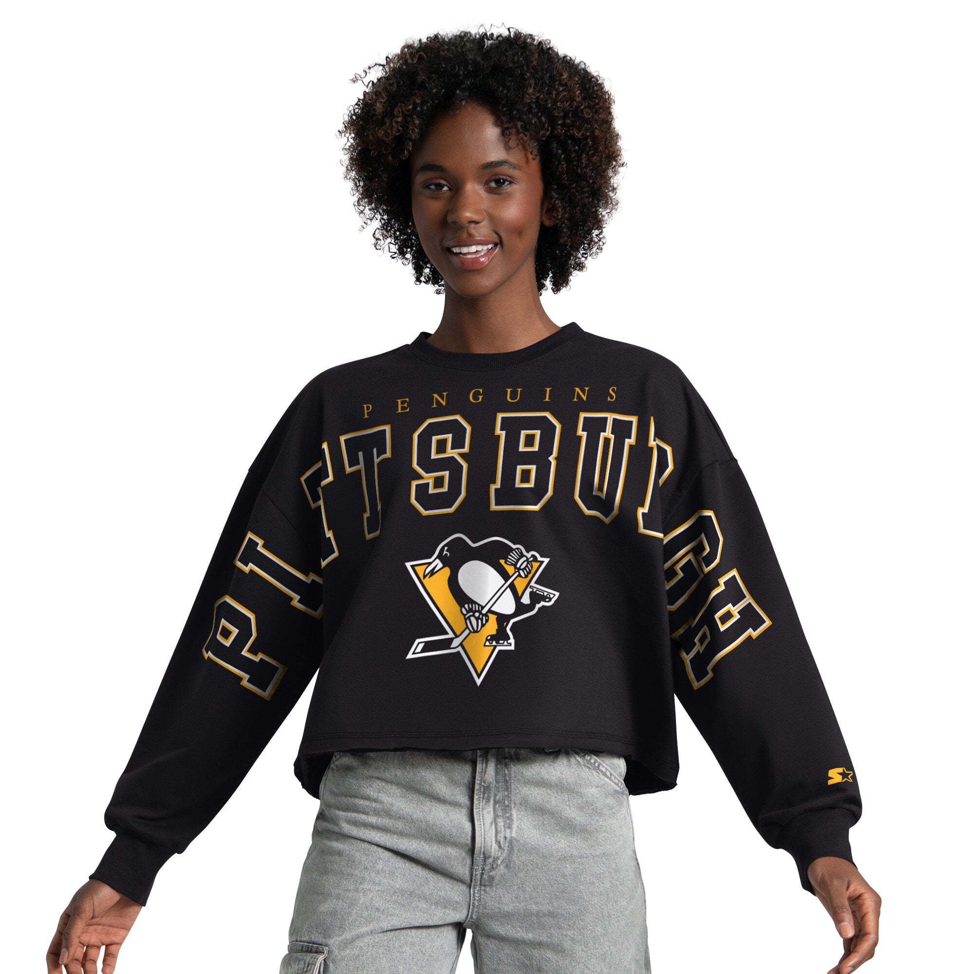 Sweat-shirt court à épaules tombantes Starter Black Pittsburgh Penguins pour femme