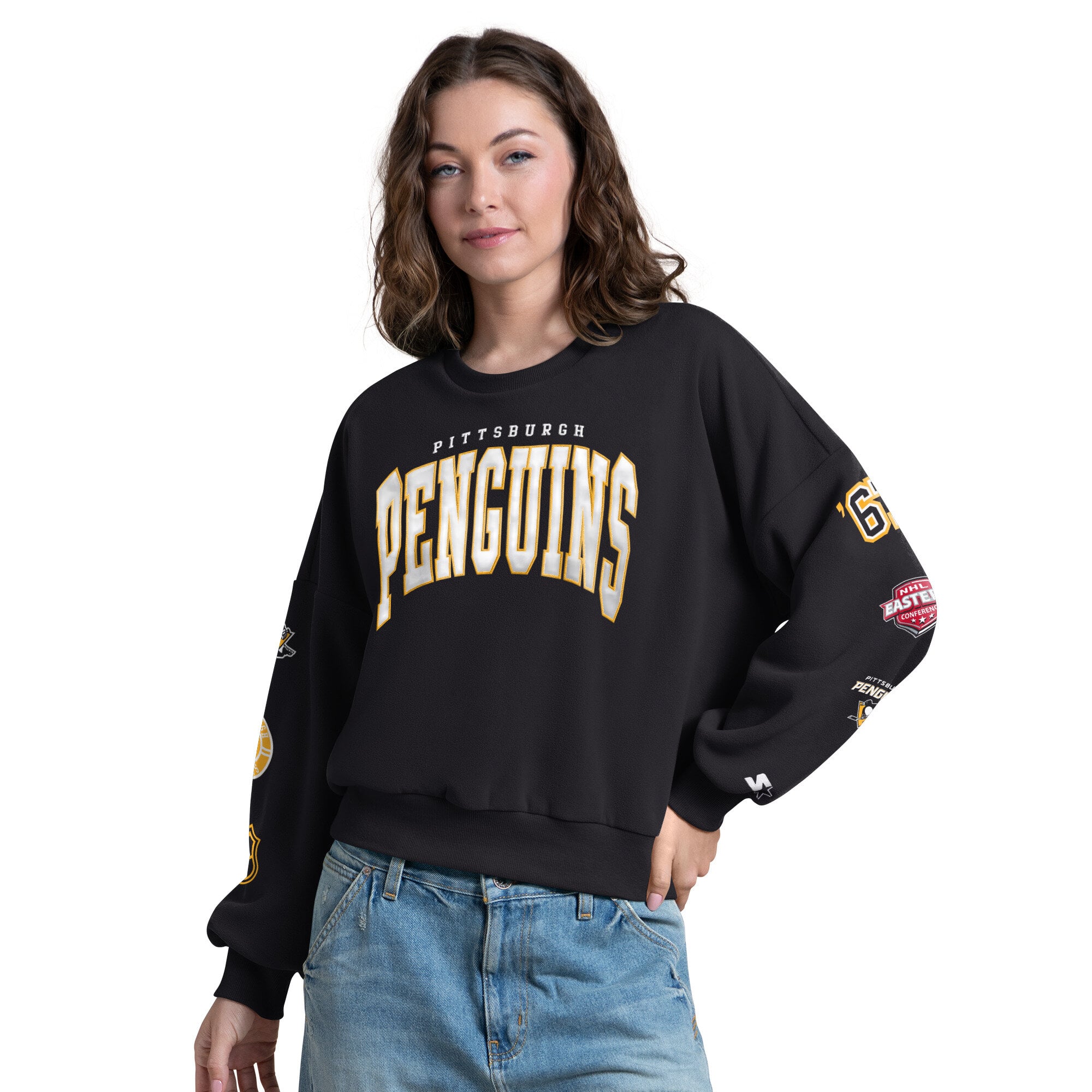 Sweat-shirt Starter noir pour femme, motif appliqué Pittsburgh Penguins, manches courtes.