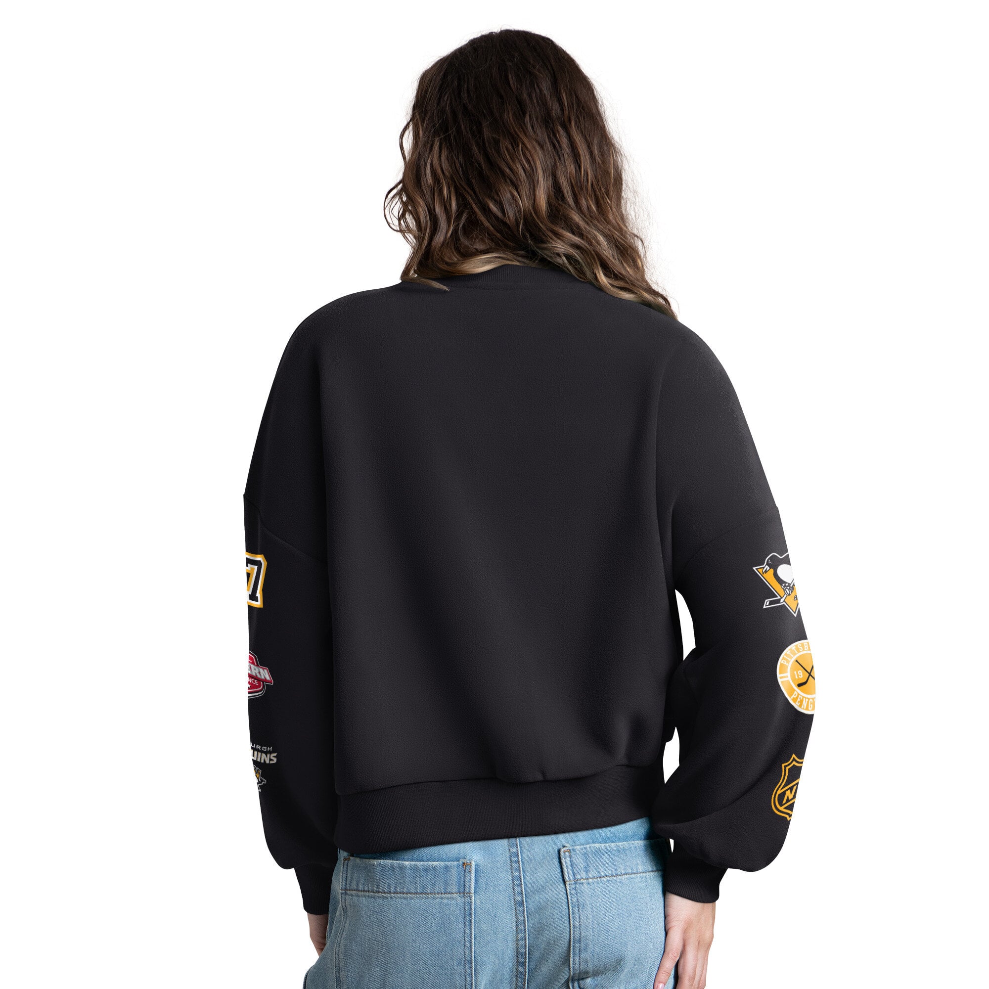Sweat-shirt Starter noir pour femme, motif appliqué Pittsburgh Penguins, manches courtes.