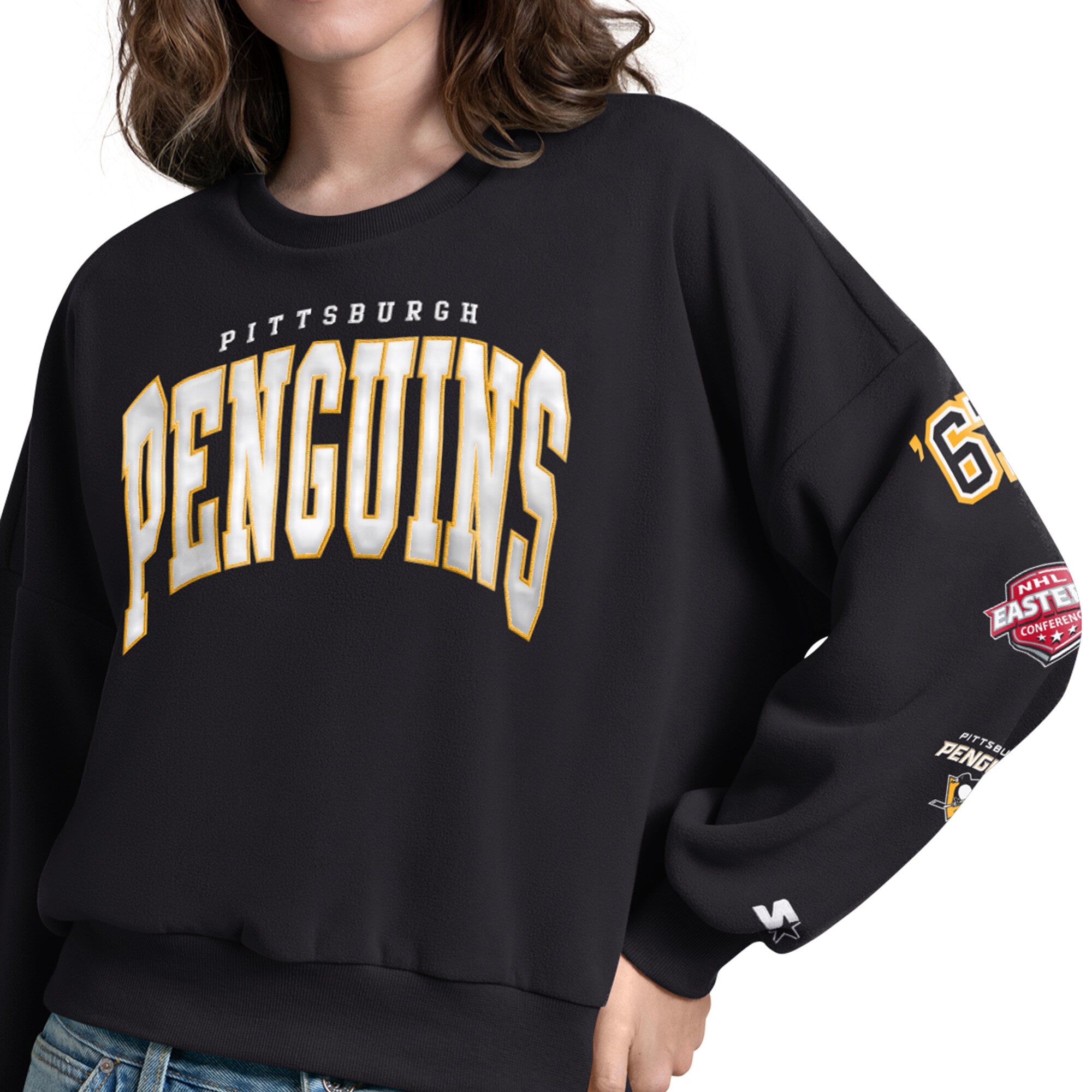 Sweat-shirt Starter noir pour femme, motif appliqué Pittsburgh Penguins, manches courtes.
