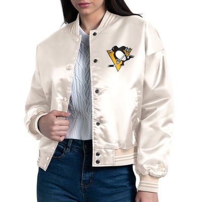  Pittsburgh Penguins Starter Women's Arch Stripe Satin Full-Snap Varsity Jacket - Cream