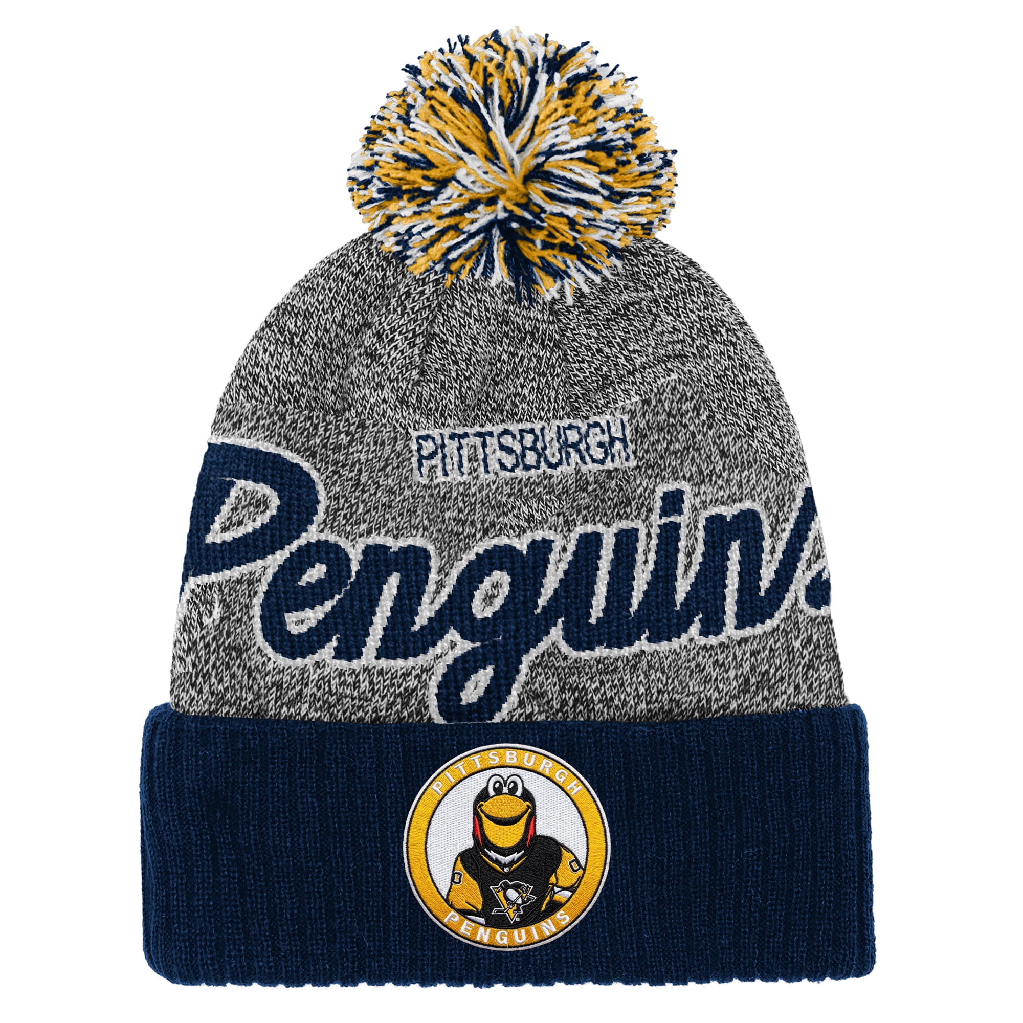 Bonnet à revers Mitchell & Ness bleu marine/gris à l'effigie de la mascotte des Penguins de Pittsburgh, avec pompon.