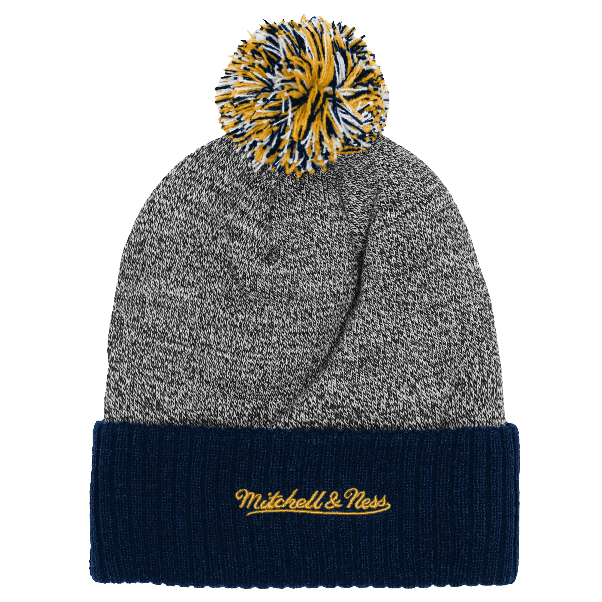 Bonnet à revers Mitchell & Ness bleu marine/gris à l'effigie de la mascotte des Penguins de Pittsburgh, avec pompon.