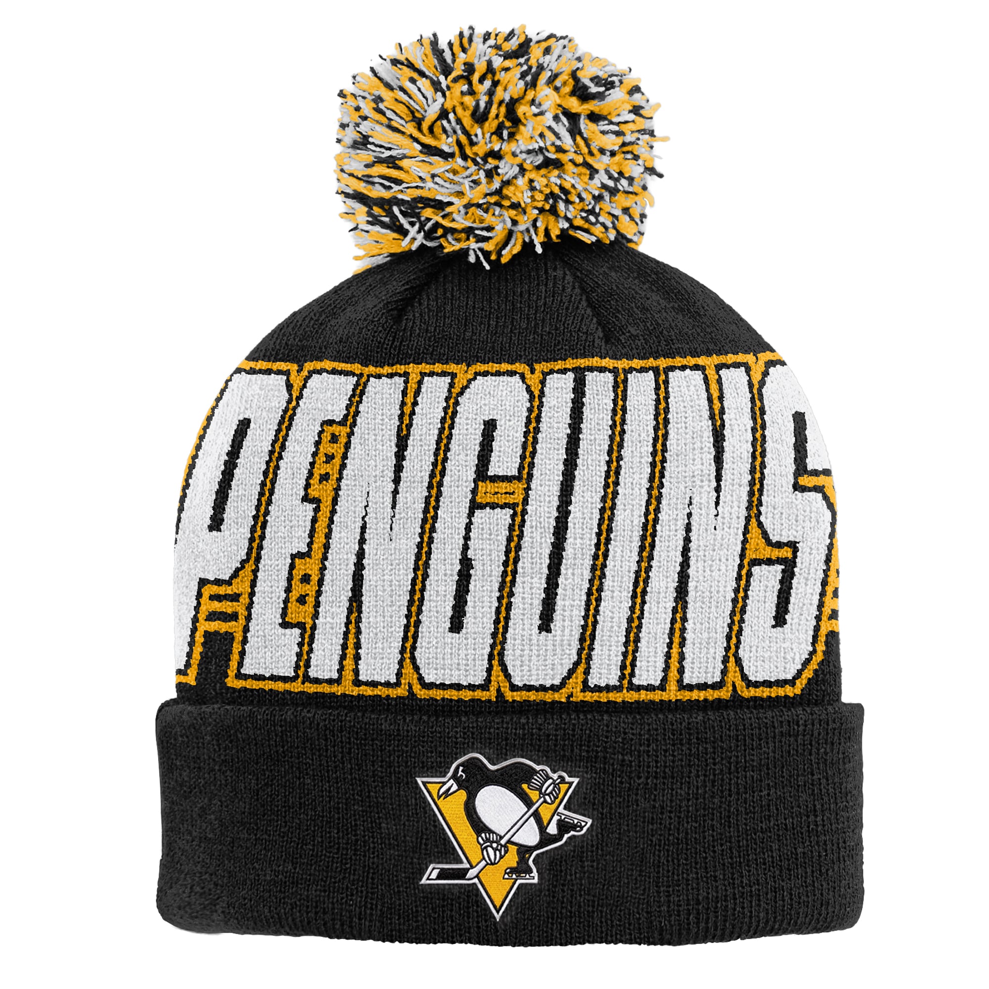 Bonnet tricoté noir à revers avec pompon, motif Penguins de Pittsburgh, pour enfant (Outerstuff).