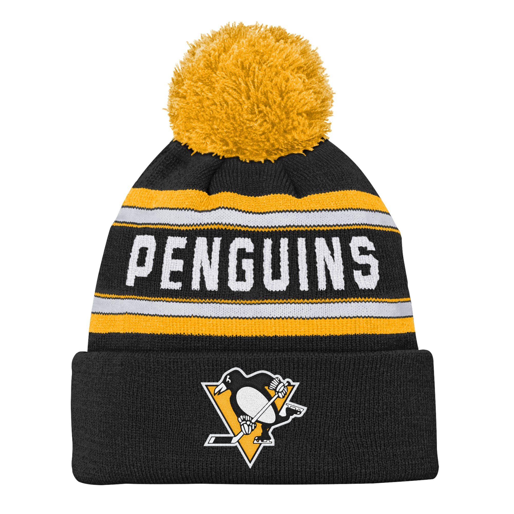 Bonnet en tricot à revers jacquard noir avec pompon pour jeunes Penguins de Pittsburgh