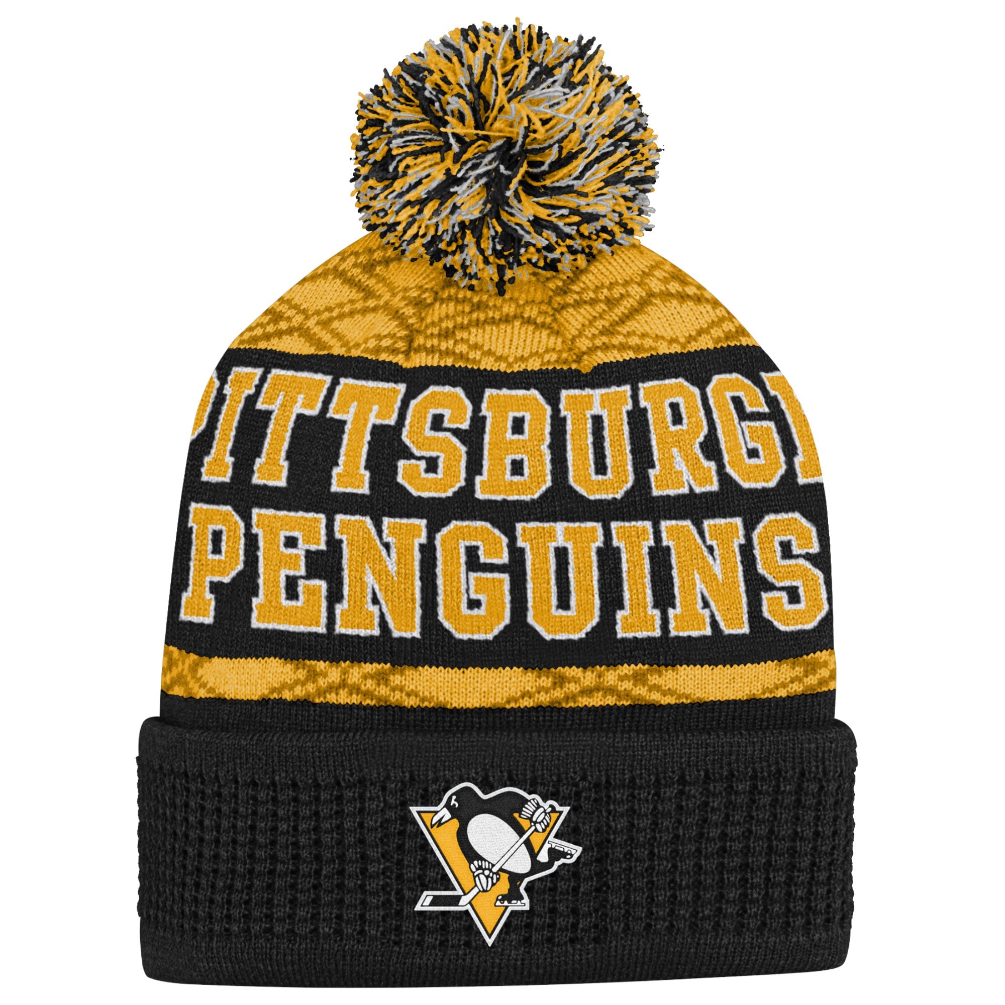 Bonnet en tricot à revers avec rondelle noire des Penguins de Pittsburgh pour jeunes avec pompon