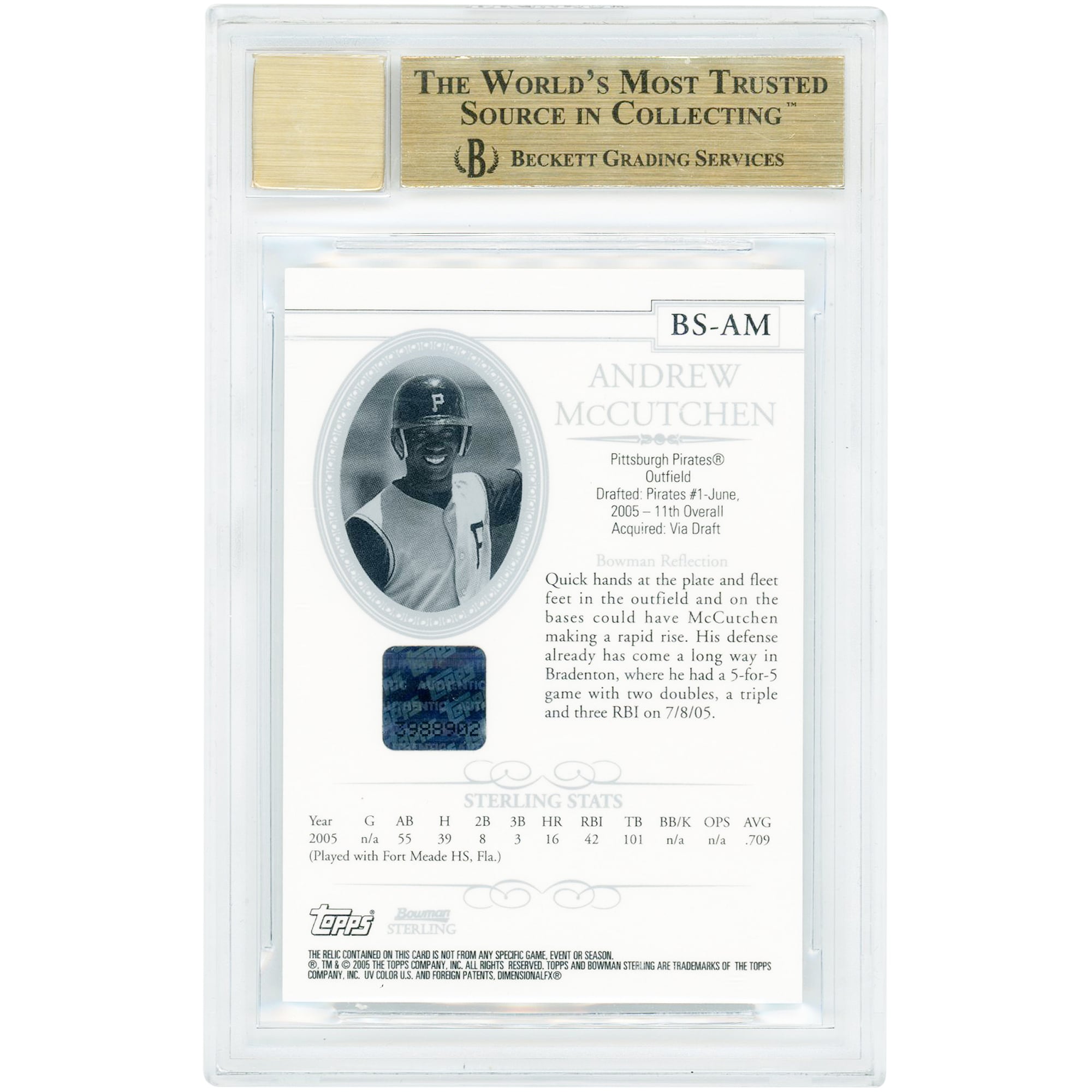 Carte autographiée d'Andrew McCutchen (Pittsburgh Pirates), série Bowman Sterling 2005, relique de maillot #BS-AM, authentifiée BGS 9,5/10 (sous-notes : 9,5, 9, 9,5, 9,5)