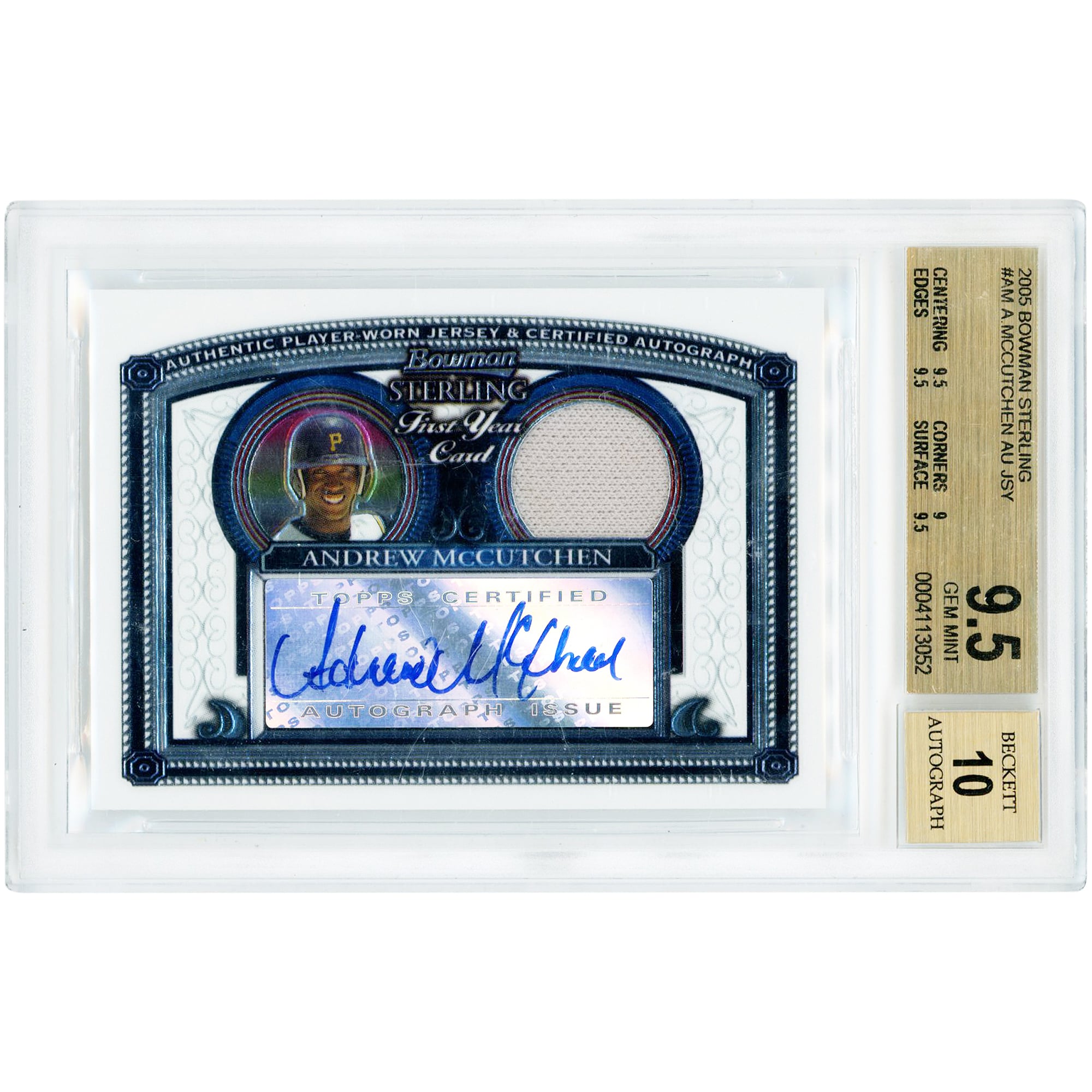 Carte autographiée d'Andrew McCutchen (Pittsburgh Pirates), série Bowman Sterling 2005, relique de maillot #BS-AM, authentifiée BGS 9,5/10 (sous-notes : 9,5, 9, 9,5, 9,5)