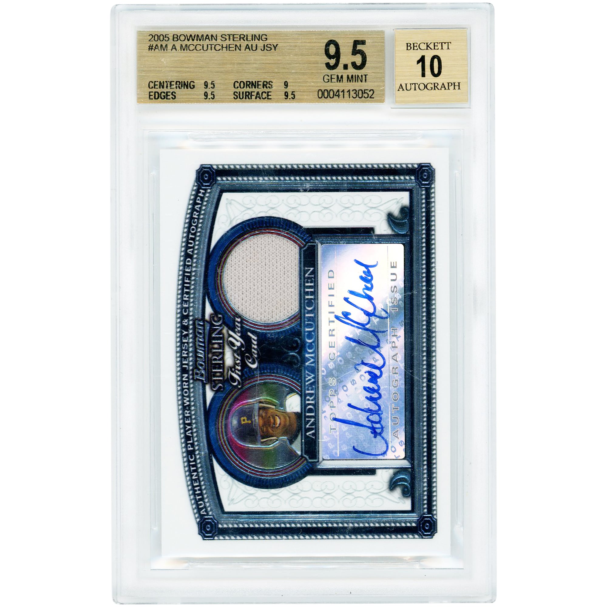 Carte autographiée d'Andrew McCutchen (Pittsburgh Pirates), série Bowman Sterling 2005, relique de maillot #BS-AM, authentifiée BGS 9,5/10 (sous-notes : 9,5, 9, 9,5, 9,5)