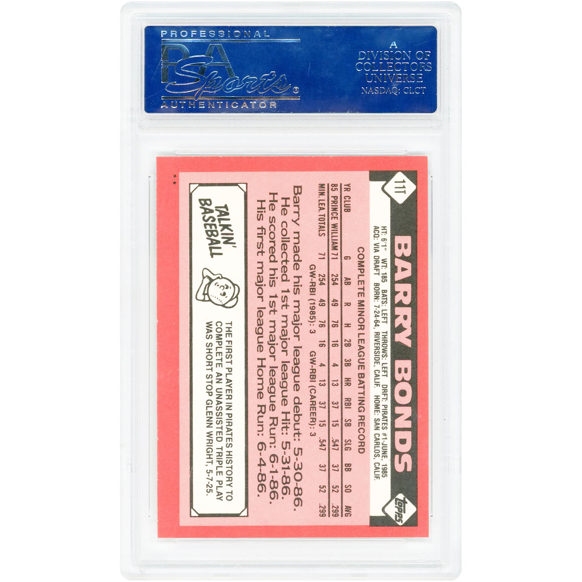 Carte de recrue Barry Bonds, Pirates de Pittsburgh, 1986, Topps Traded n° 11T, authentifiée PSA 10
