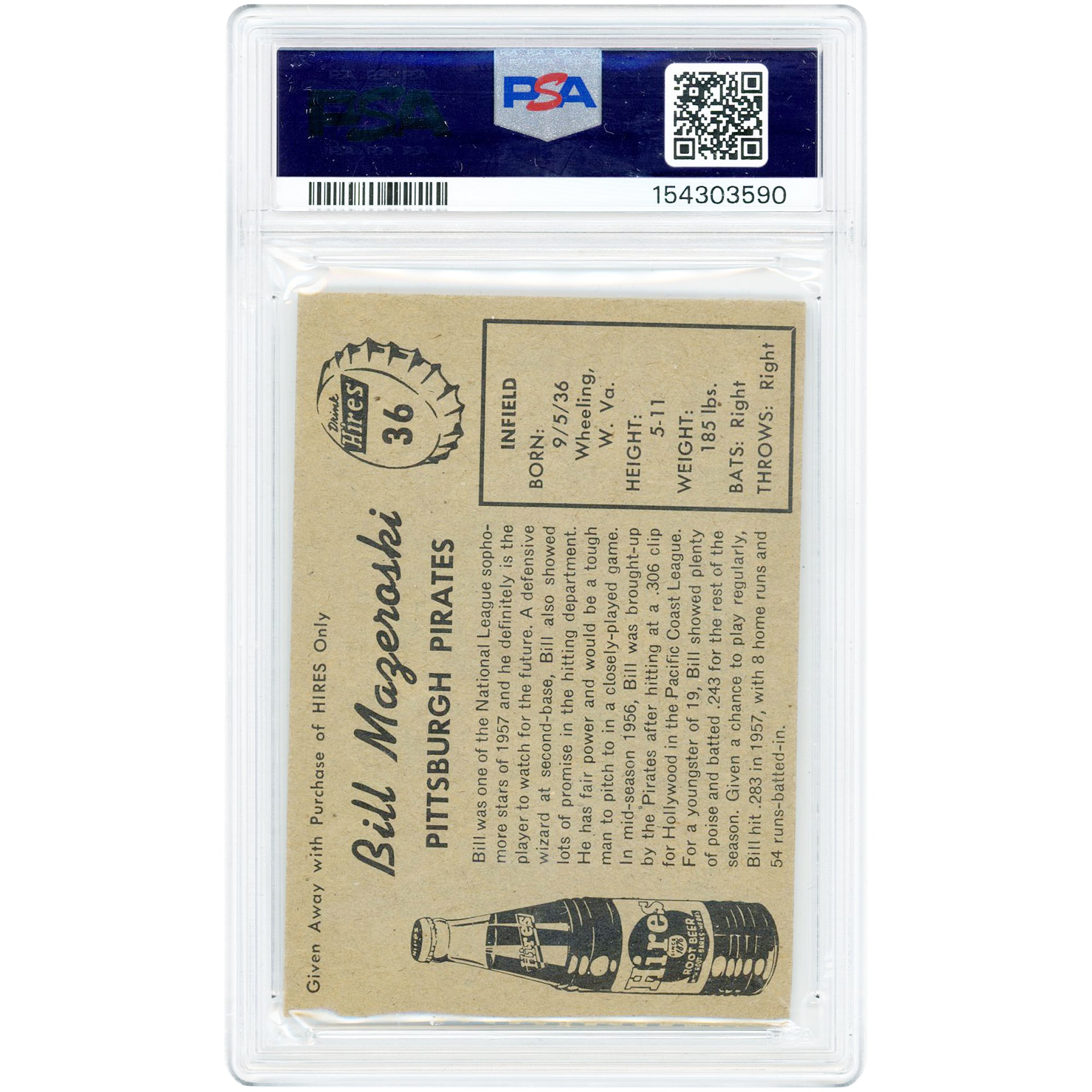 Carte authentifiée PSA n° 36, Bill Mazeroski, Pirates de Pittsburgh, 1958, Hires Root Beer, sans languette.