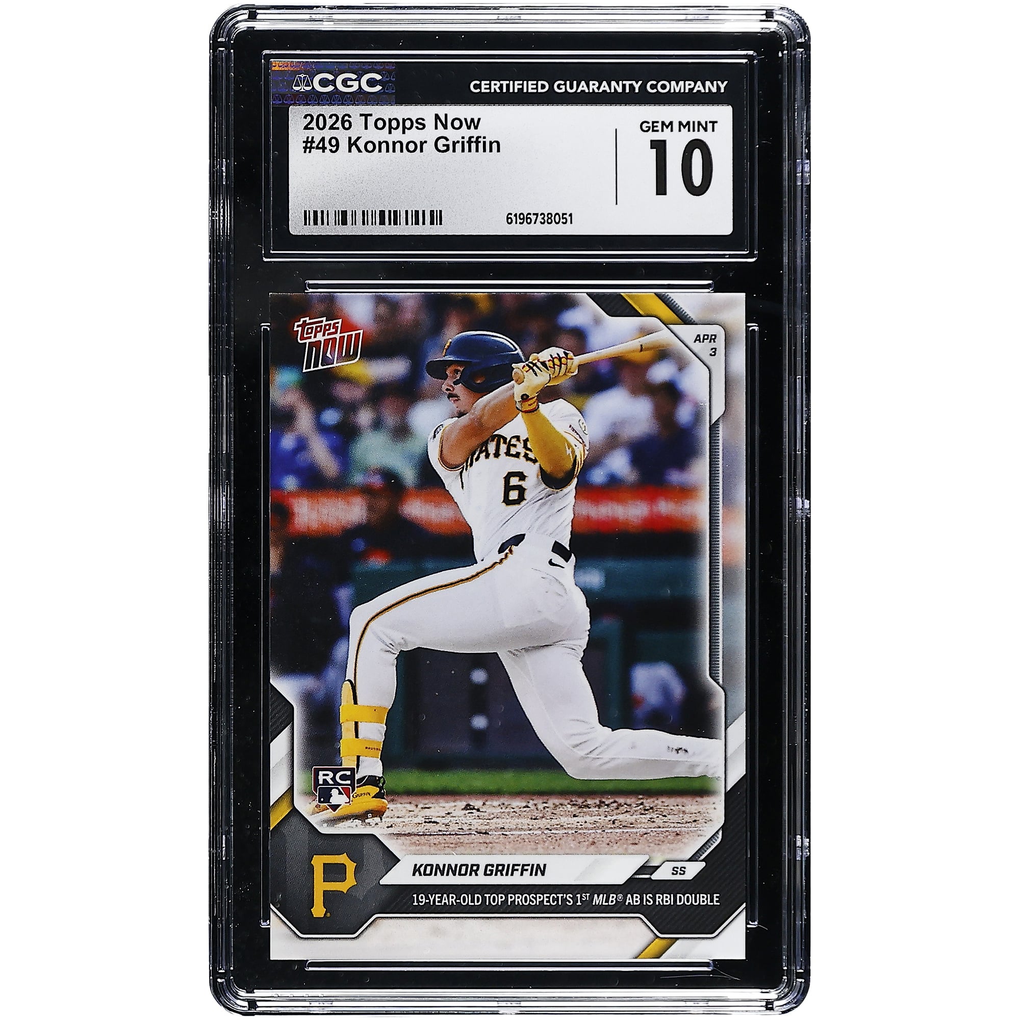 Konnor Griffin, Pirates de Pittsburgh, carte Topps Now 2026, jeune espoir de 19 ans, premier passage au bâton en MLB, double avec point produit, carte n° 49 authentifiée CGC, état neuf, carte recrue n° 10